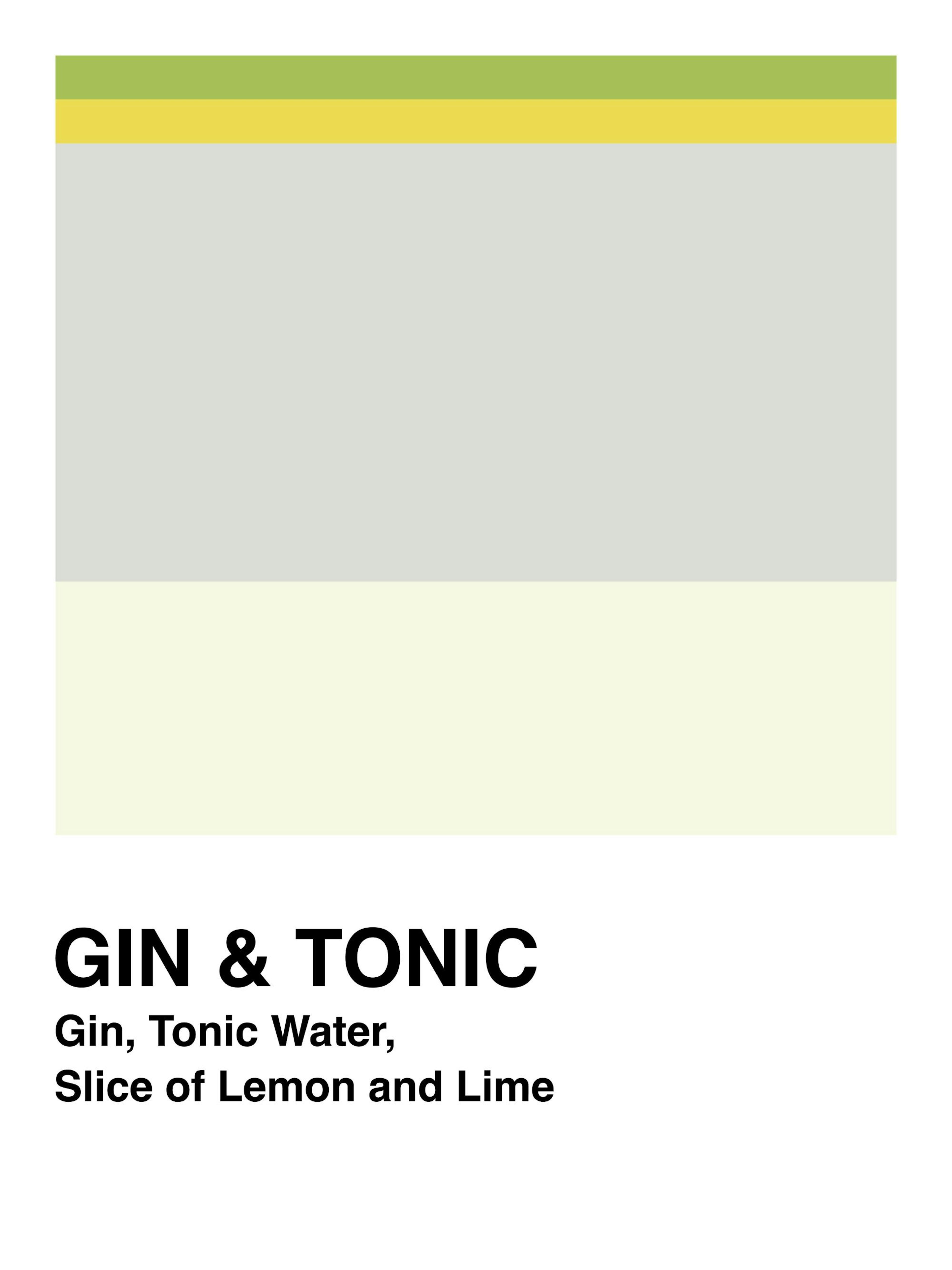 Affiche Gin & Tonic avec typographie noire, blocs de couleur vert, jaune, gris et crème représentant les ingrédients.