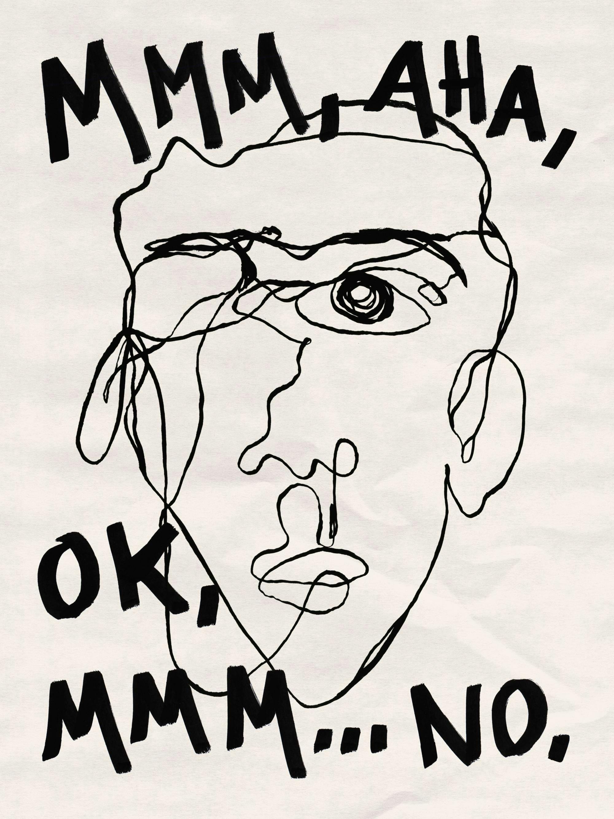 Line art sketch of a face with black typography text on a beige background, abstract portrait poster.