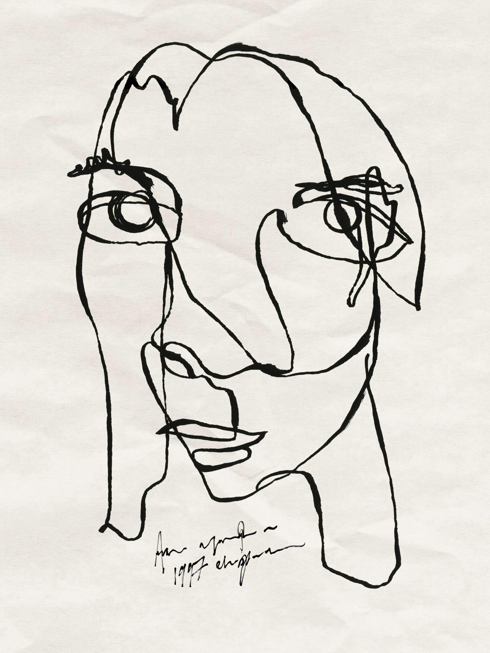 Póster de arte lineal con retrato de cara abstracta en negro sobre fondo beige, estilo boceto minimalista.