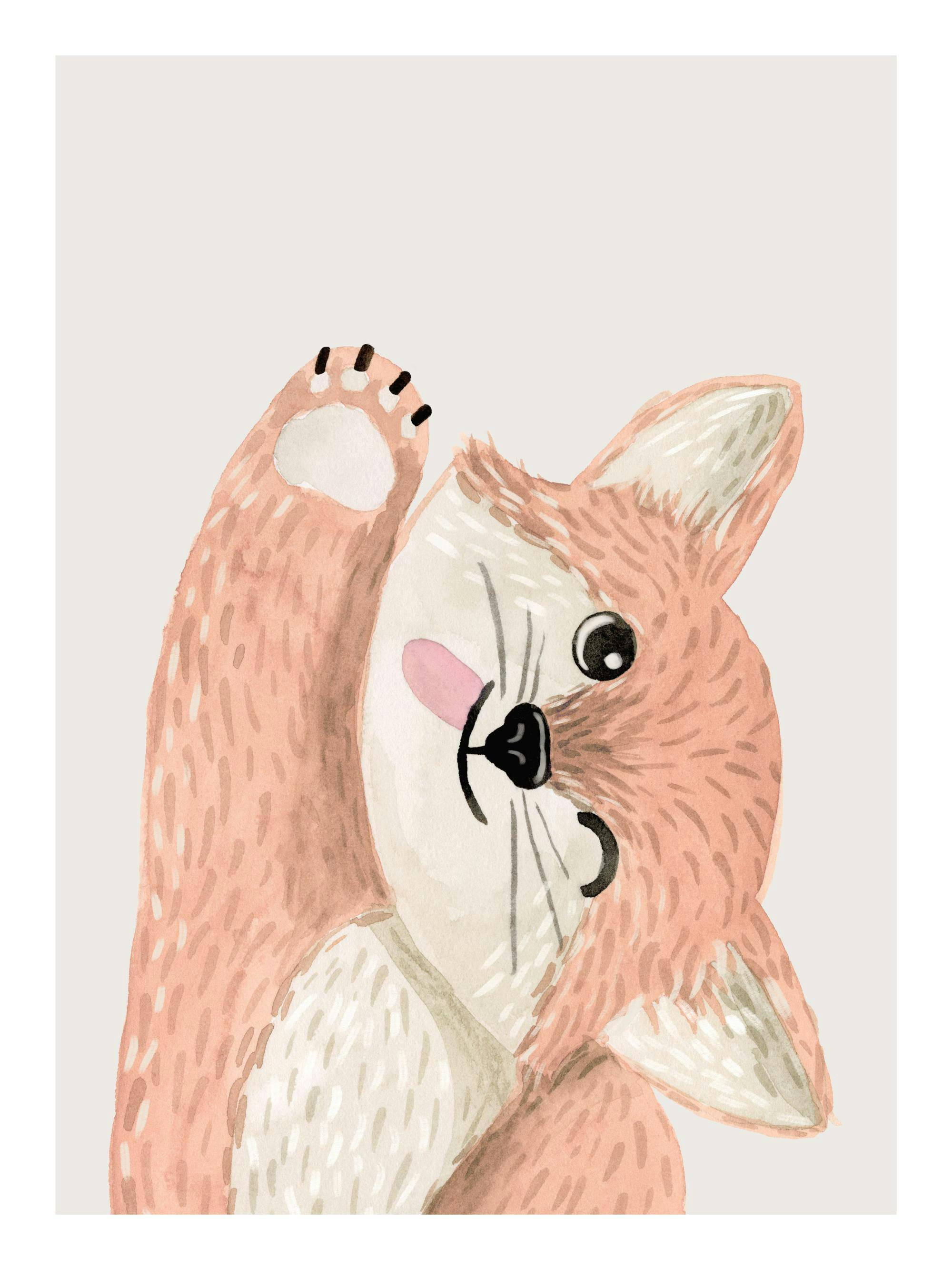 Akvarell av en söt orange räv som vinkar med tassen och blinkar på ljusbeige bakgrund, barnrumskonst.