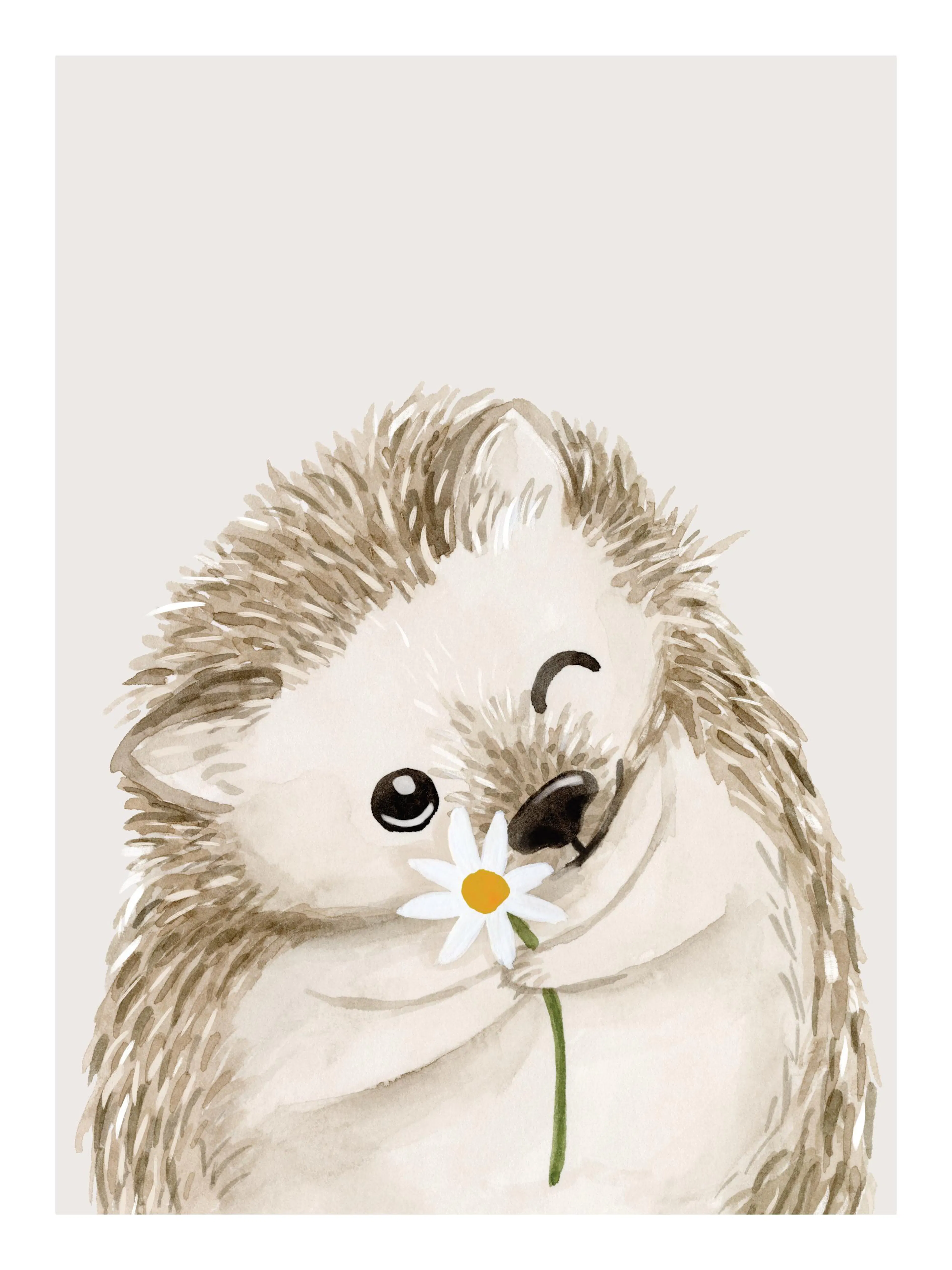 Cute hedgehog print winking and holding a white flower, perfect as a poster for kids rooms.