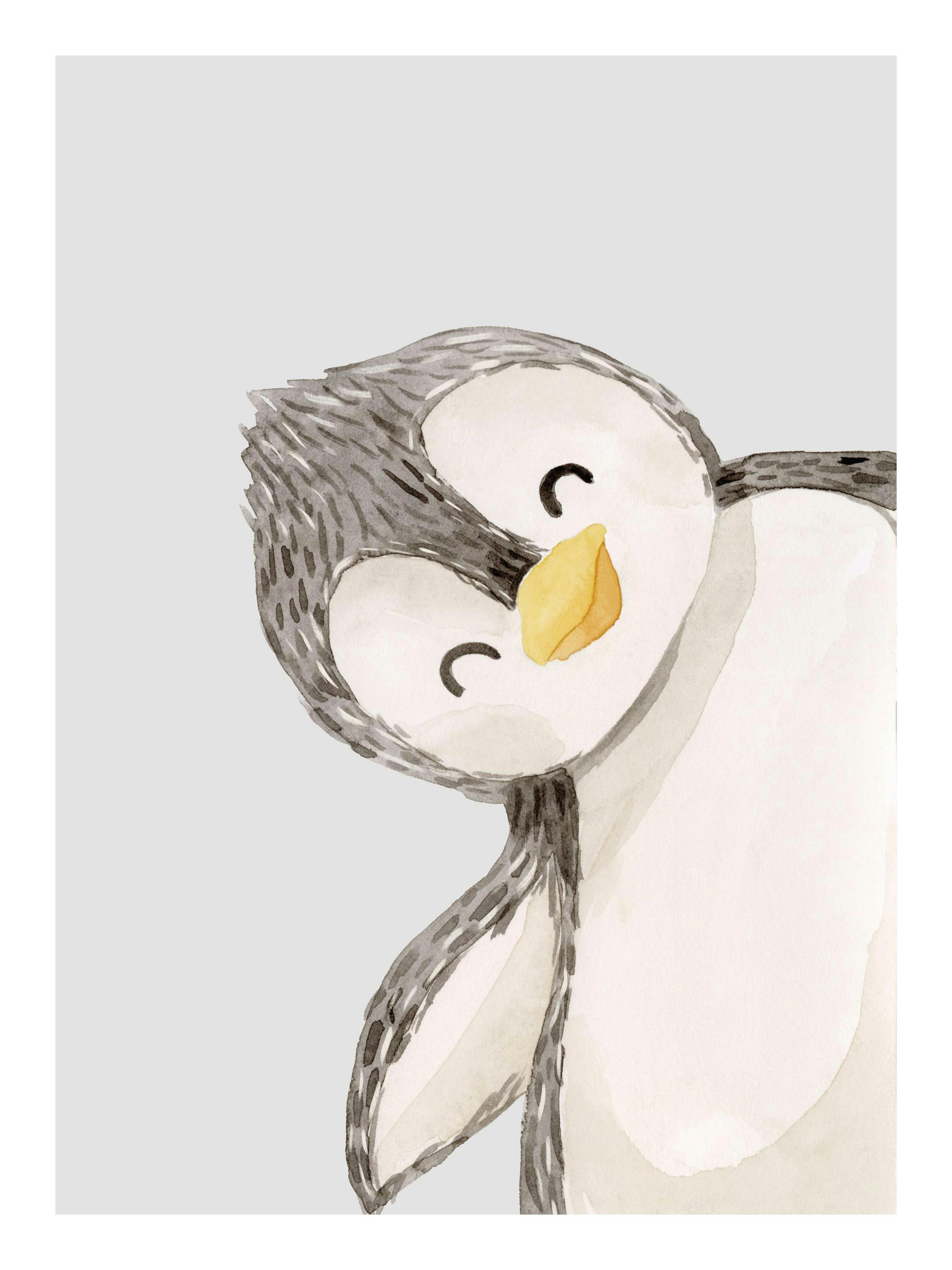 Affiche dun bébé pingouin joyeux en aquarelle, son corps gris et blanc et son bec jaune ressortant sur un fond clair