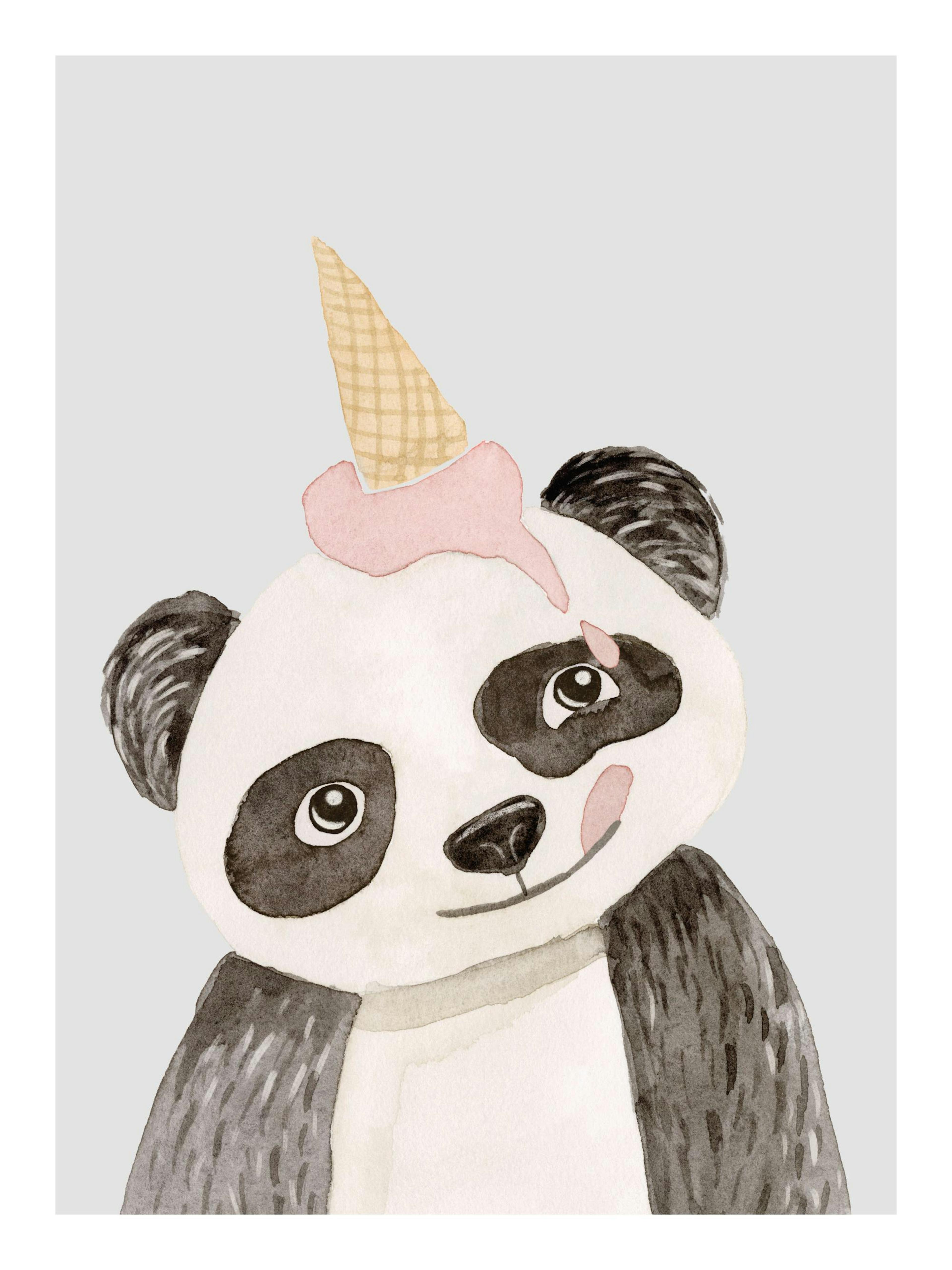 Akvarellmålning av en svartvit panda med rosa glass på huvudet, mot en grå bakgrund. Söt barnposter.
