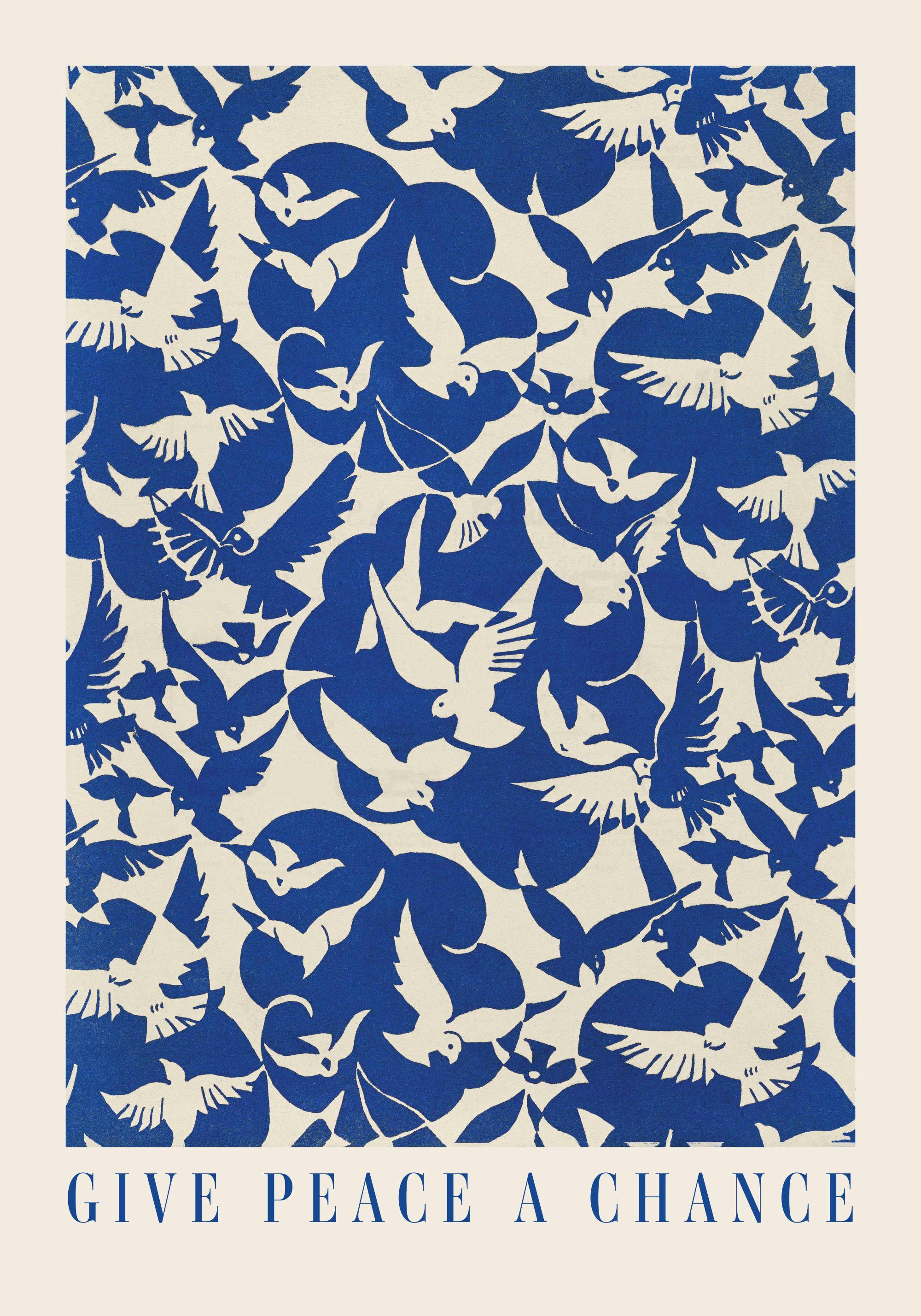 Blåvit poster med fredsduvor som flyger i ett livligt mönster. Texten Give peace a chance i blått.
