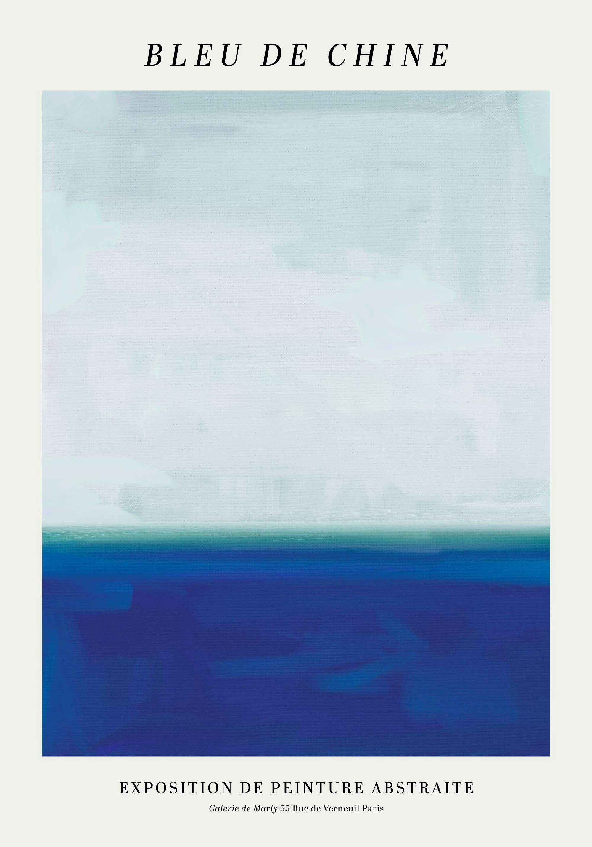 Abstrakt konstposter med mörkblått hav och ljusblå himmel i horisonten, med texten Bleu de Chine.