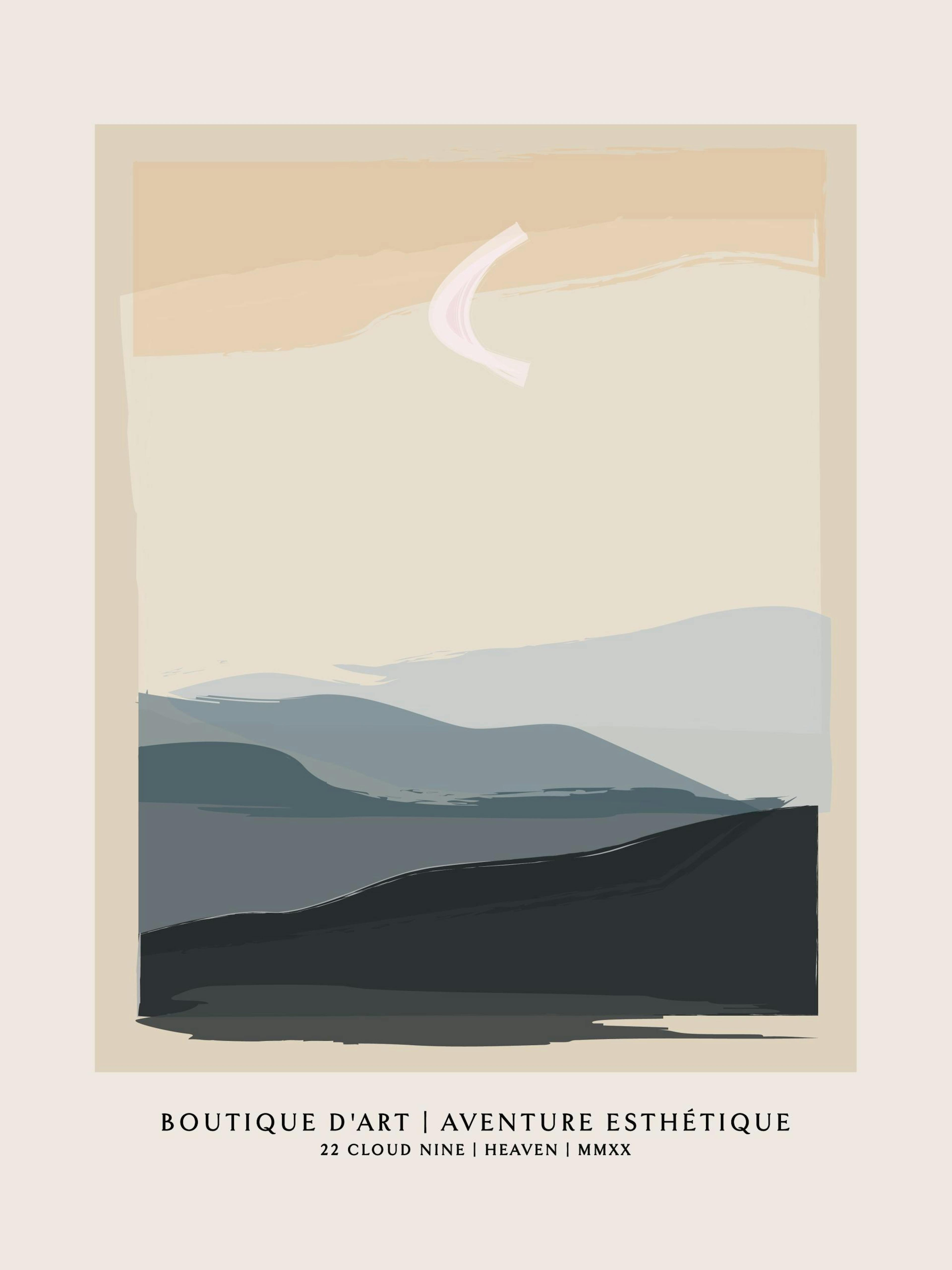 Póster abstracto de montaña y cielo en tonos pastel, con texto en la parte inferior. Arte paisajista moderno y sereno.