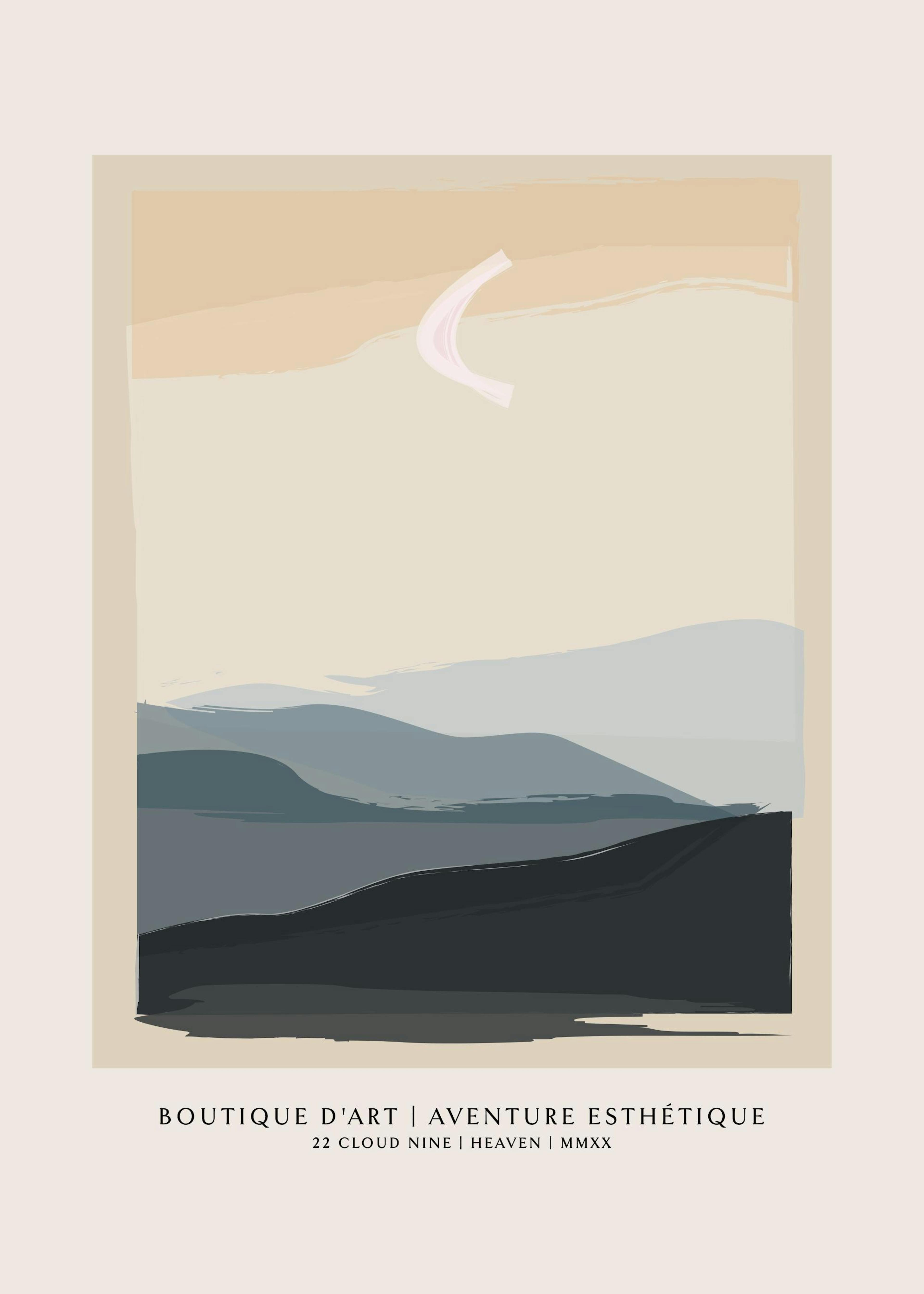 Abstract landscape print with blue mountains, light background, and text. Perfect poster for a calm home.