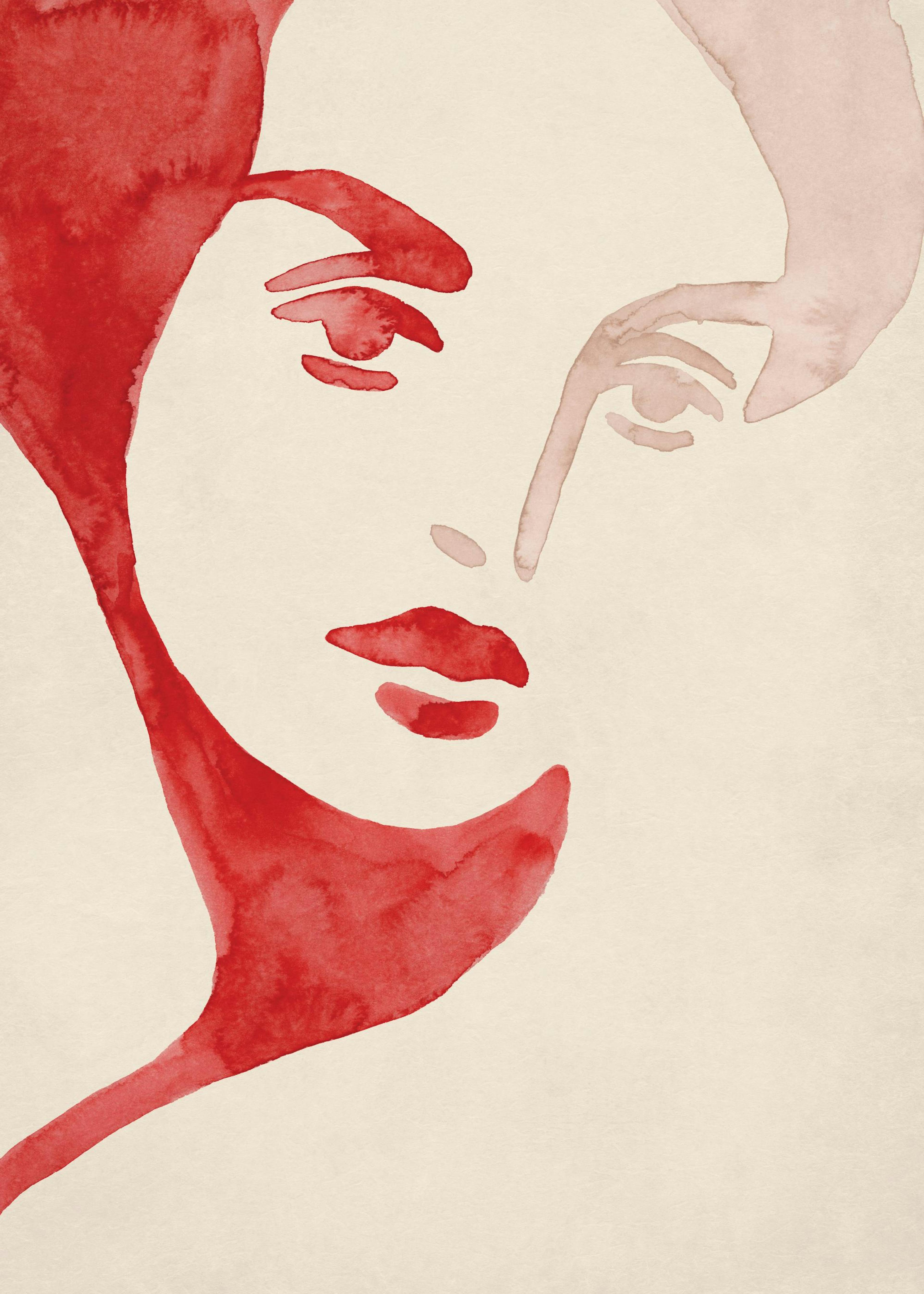 Watercolor poster print of a female face in red, with subtle details, on a beige background.