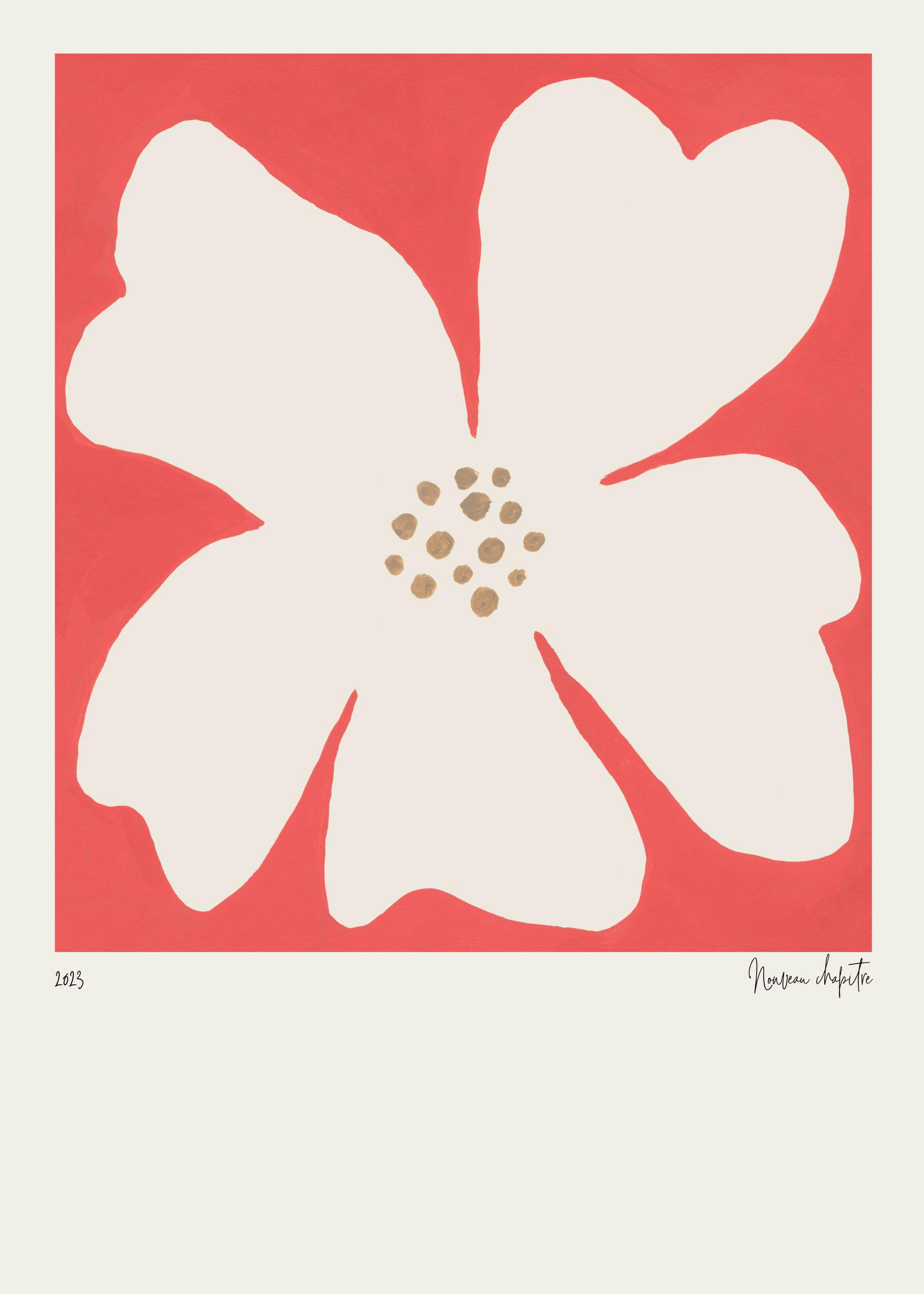 Affiche graphique dune fleur blanche avec un centre texturé, sur un fond rouge corail uni