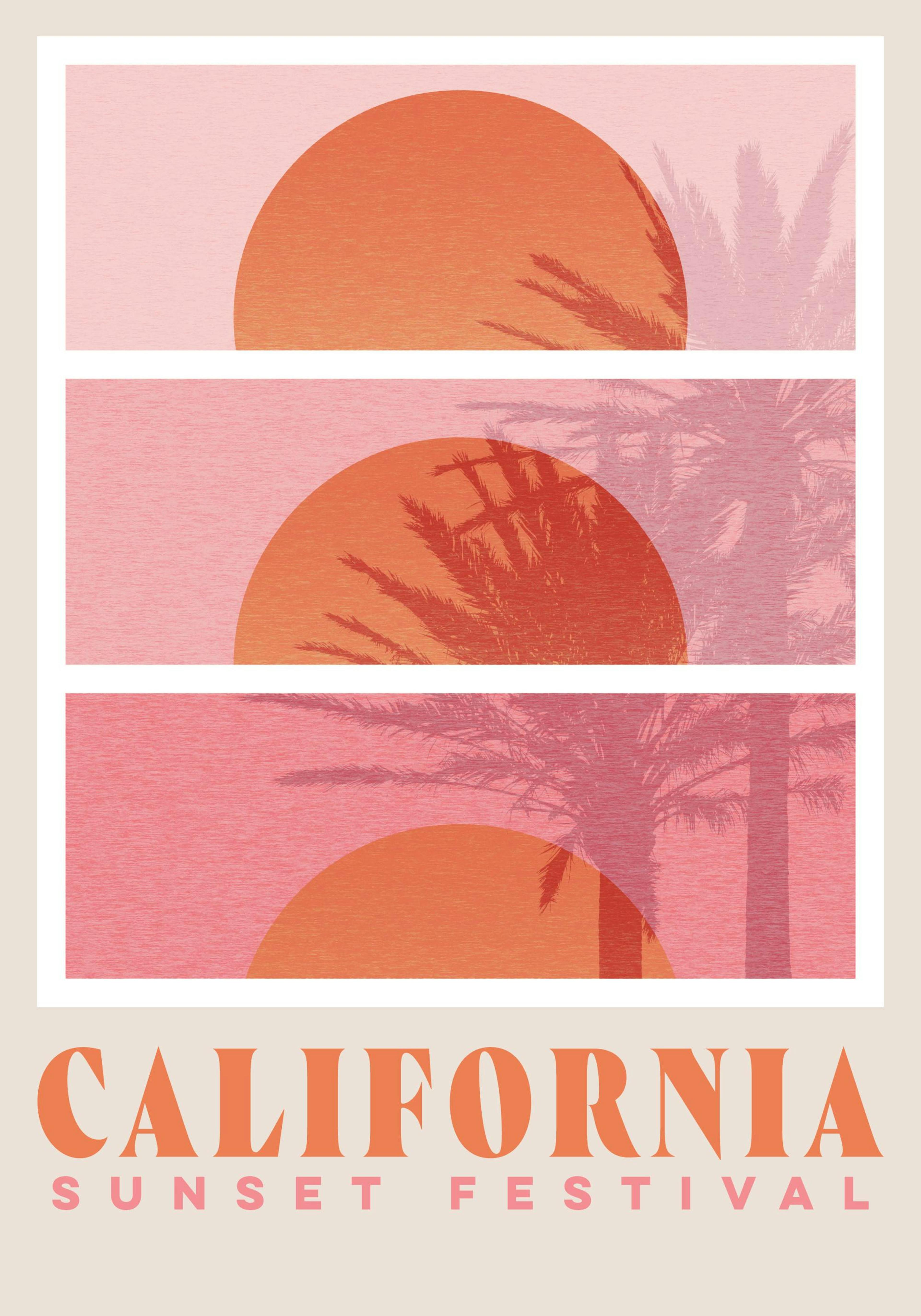 Grafická ilustrace západu slunce v Kalifornii s oranžovým sluncem, palmami a nápisem California Sunset Festival.