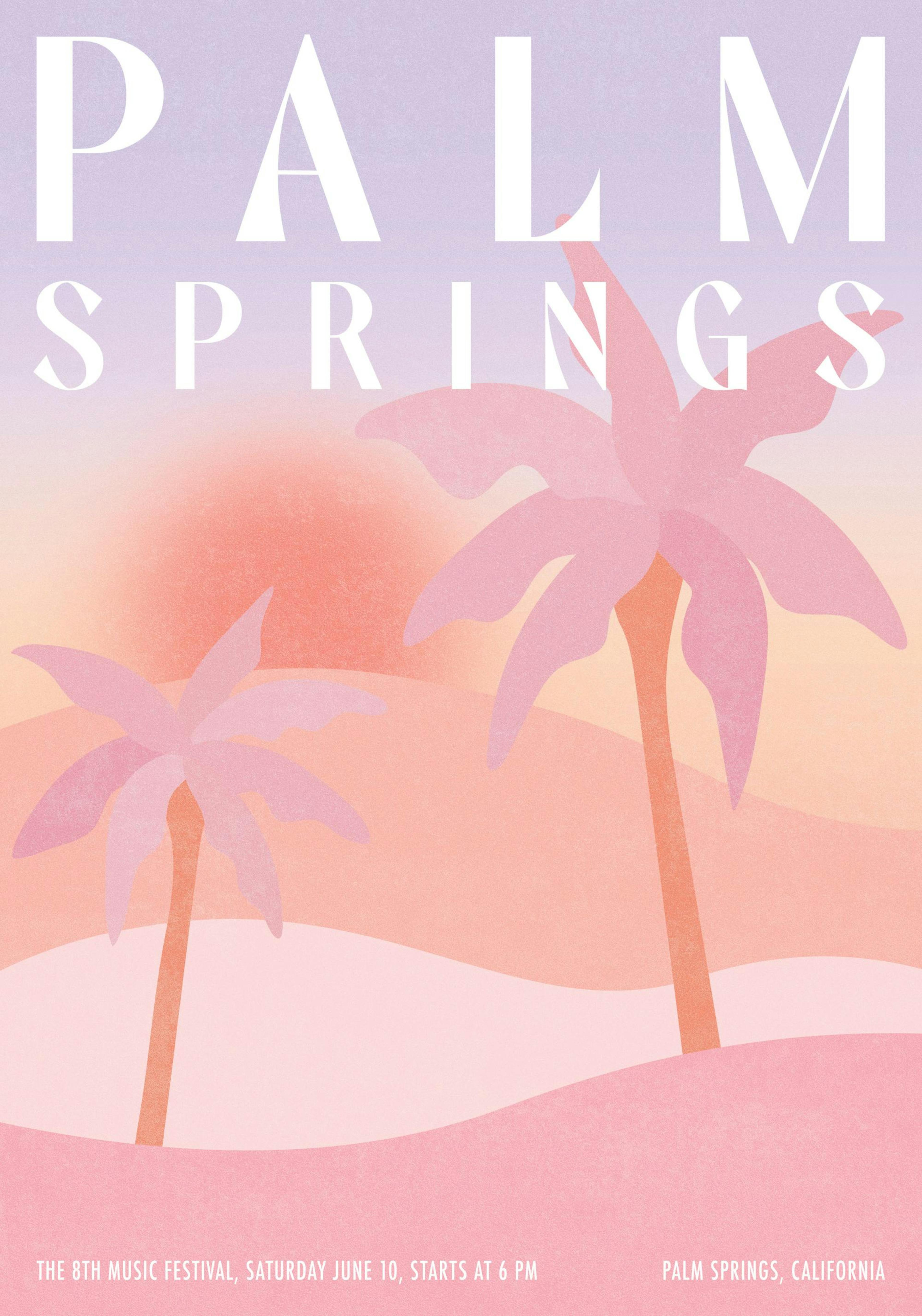 Grafisk plakat med palmer i lyserøde og lilla nuancer på en tekstureret solnedgangsbaggrund, Palm Springs tema.
