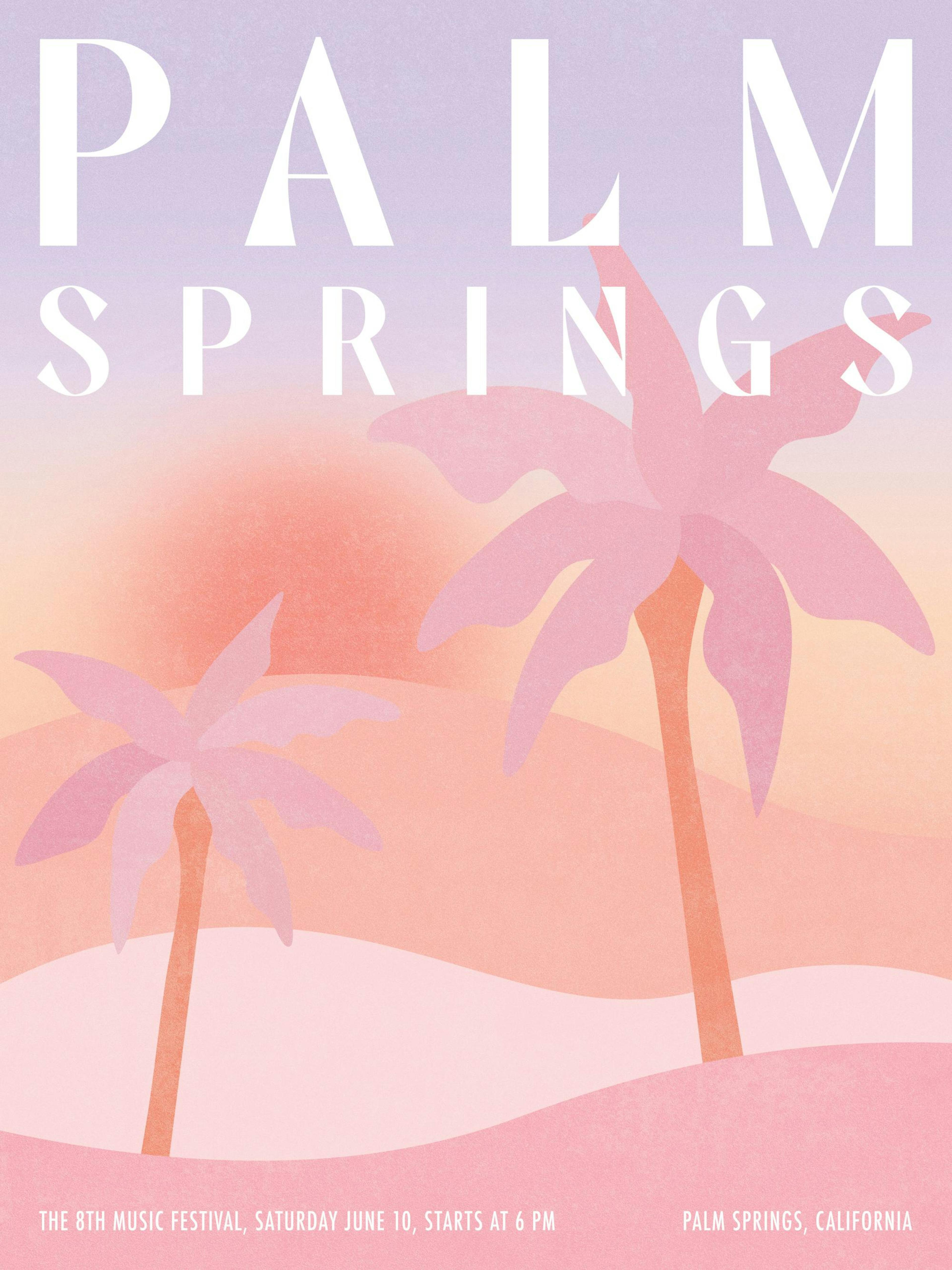 Affiche Palm Springs Festival avec des palmiers graphiques sur fond texturé rose et violet