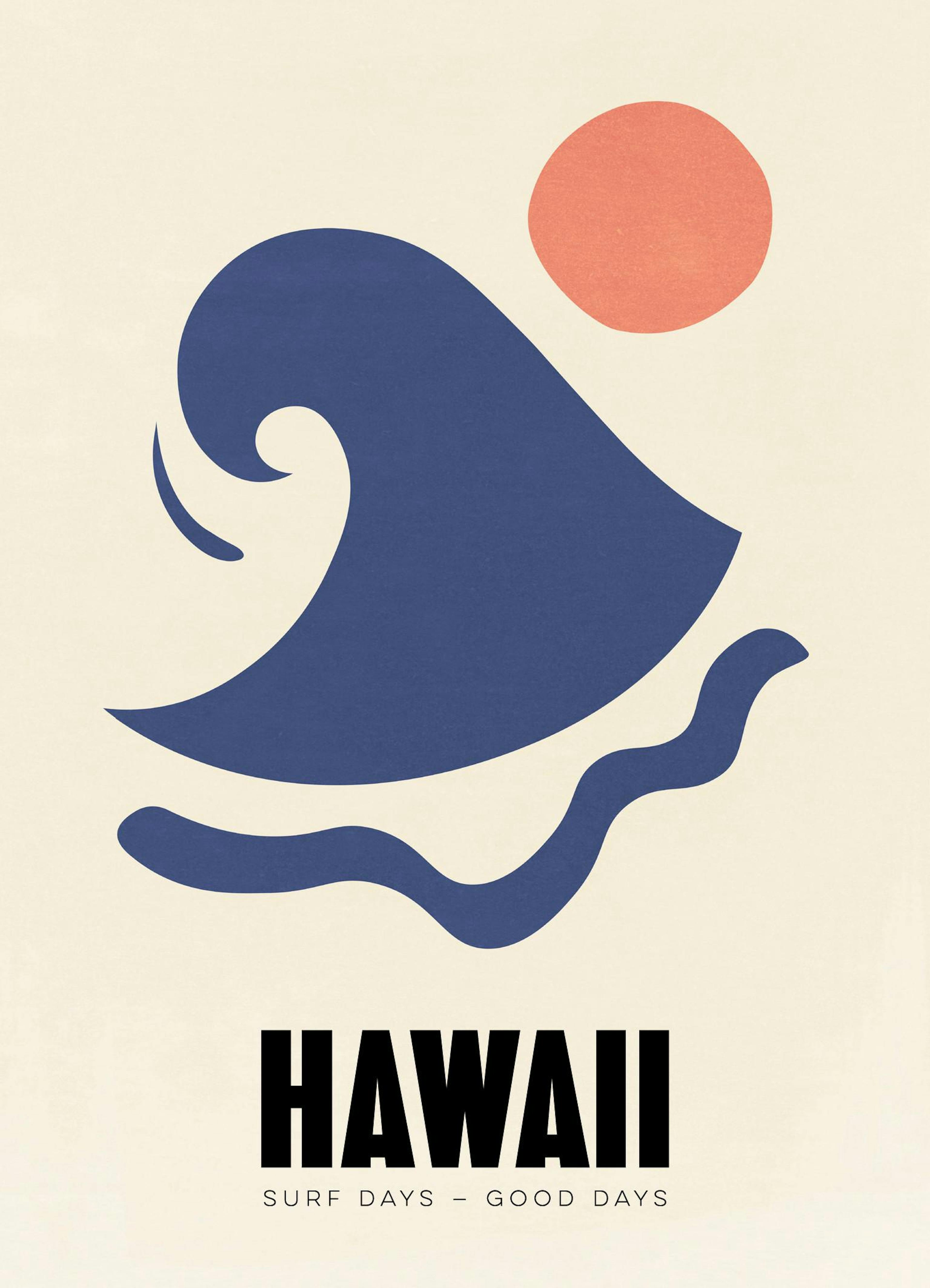 Grafisches Hawaii-Poster mit abstrakter blauer Welle und orangefarbener Sonne auf beigefarbenem Hintergrund, Hawaii Schriftzug.