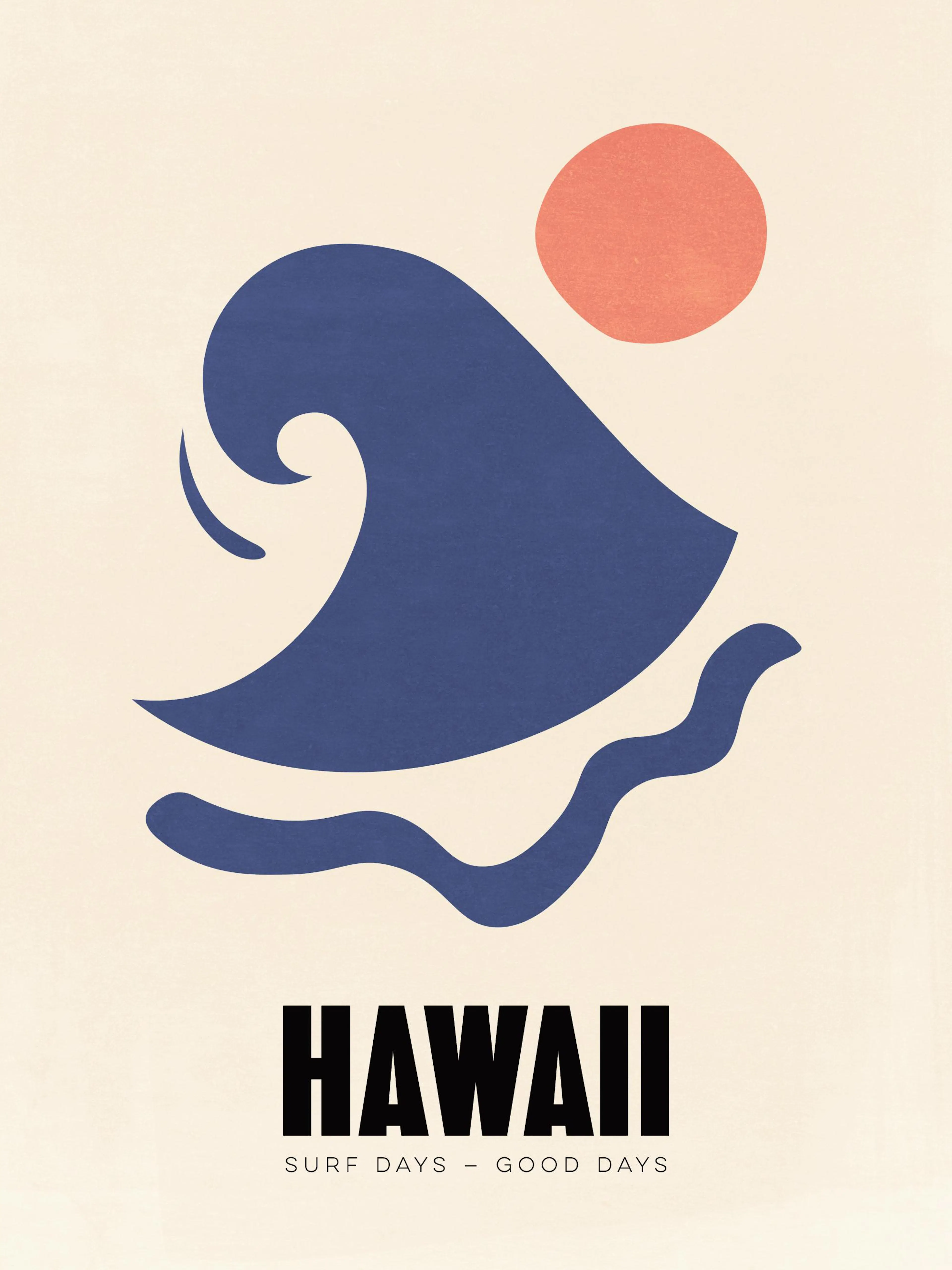 Graphic Hawaii poster with abstract blue wave and orange sun on beige background, text Hawaii Surf Days - Good Days.