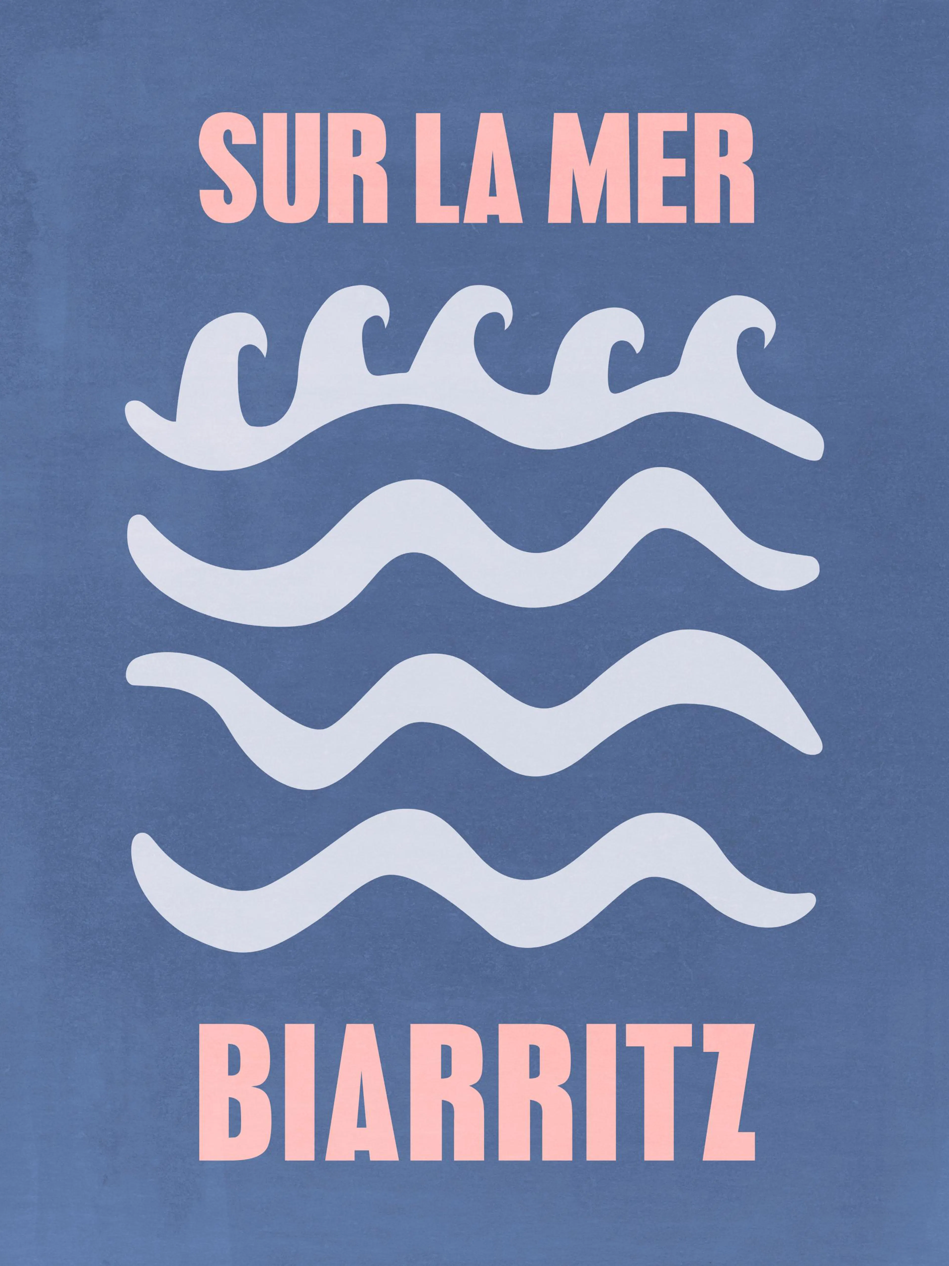 Graphic Biarritz poster print with abstract white waves on a blue background and pink text.