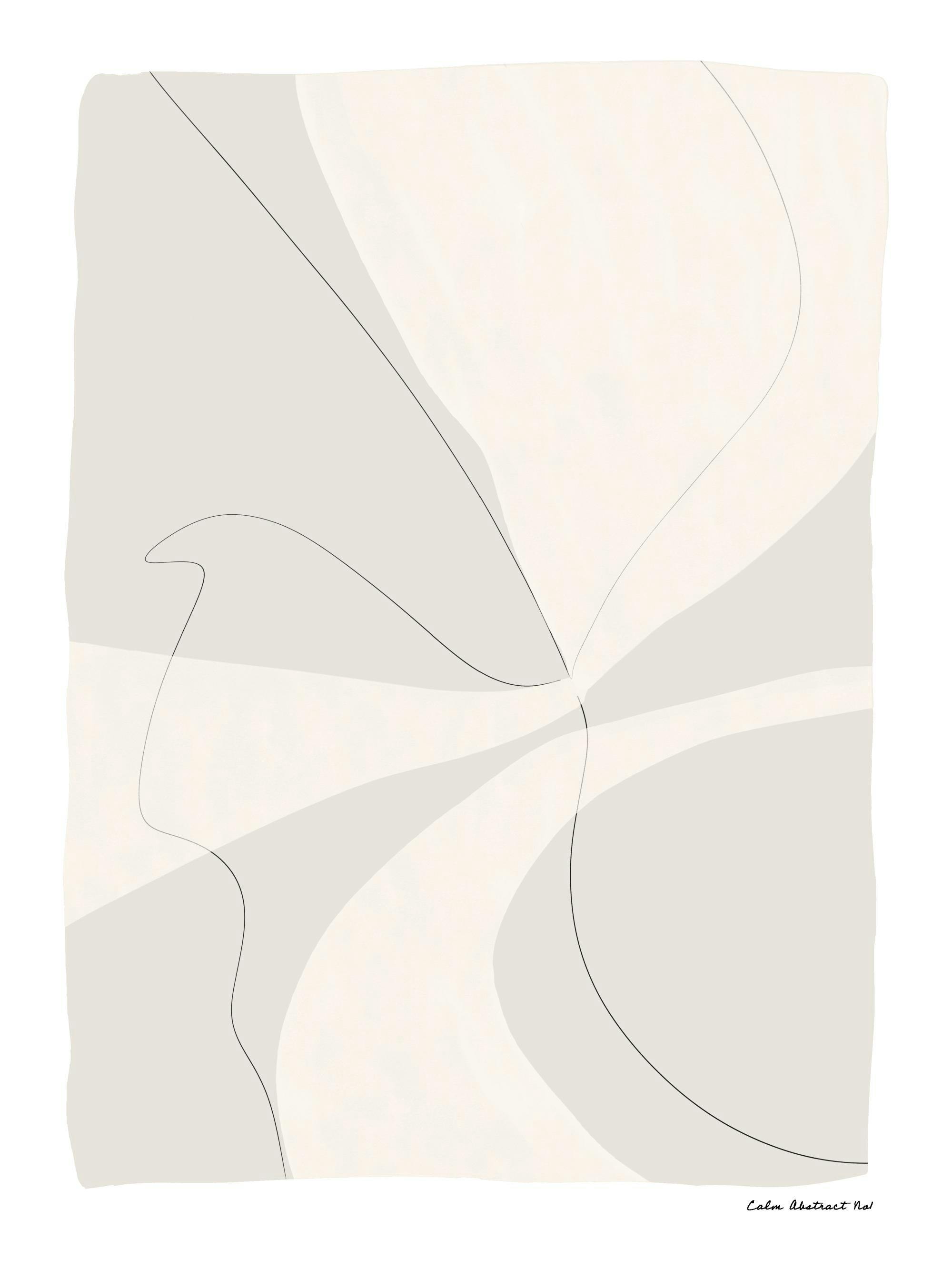 Calm abstract poster with light beige and grey shapes, thin black lines for a minimalistic look.