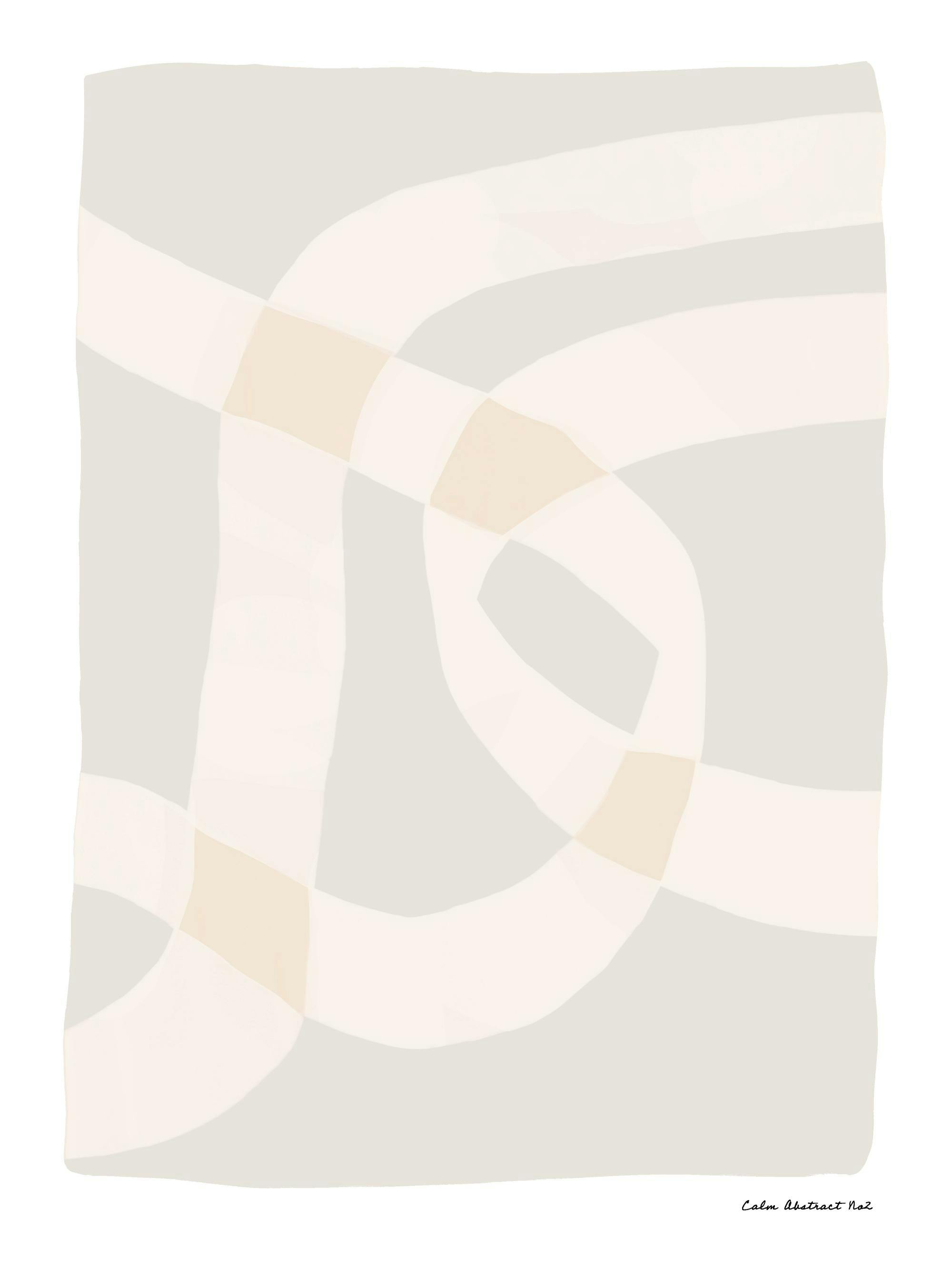 Calm abstract poster with light gray, off-white, and pale peach thick lines and organic shapes