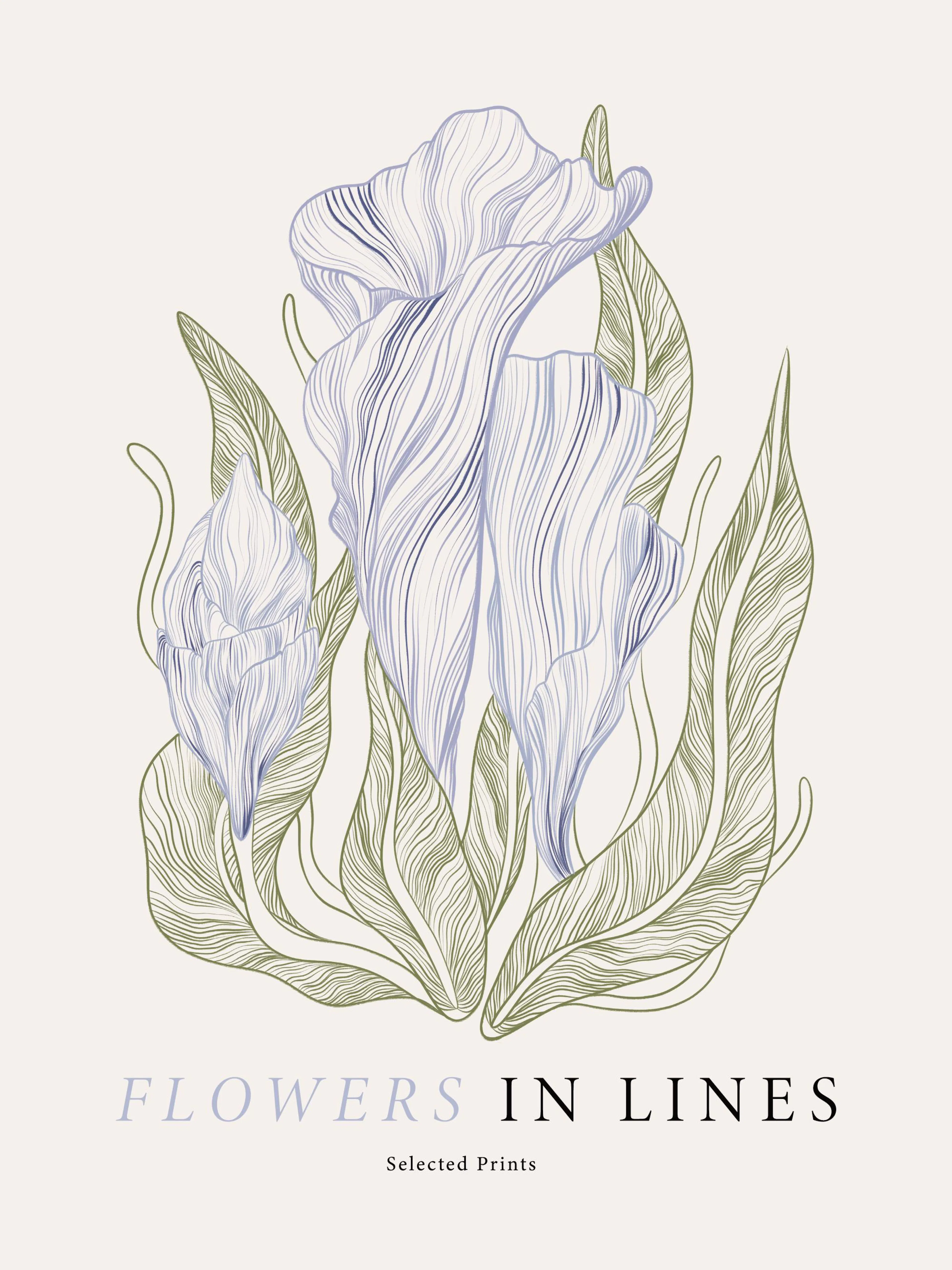 Blå blommor med linjer mot ljus bakgrund. Illustration av blommor och blad, perfekt för väggdekoration.