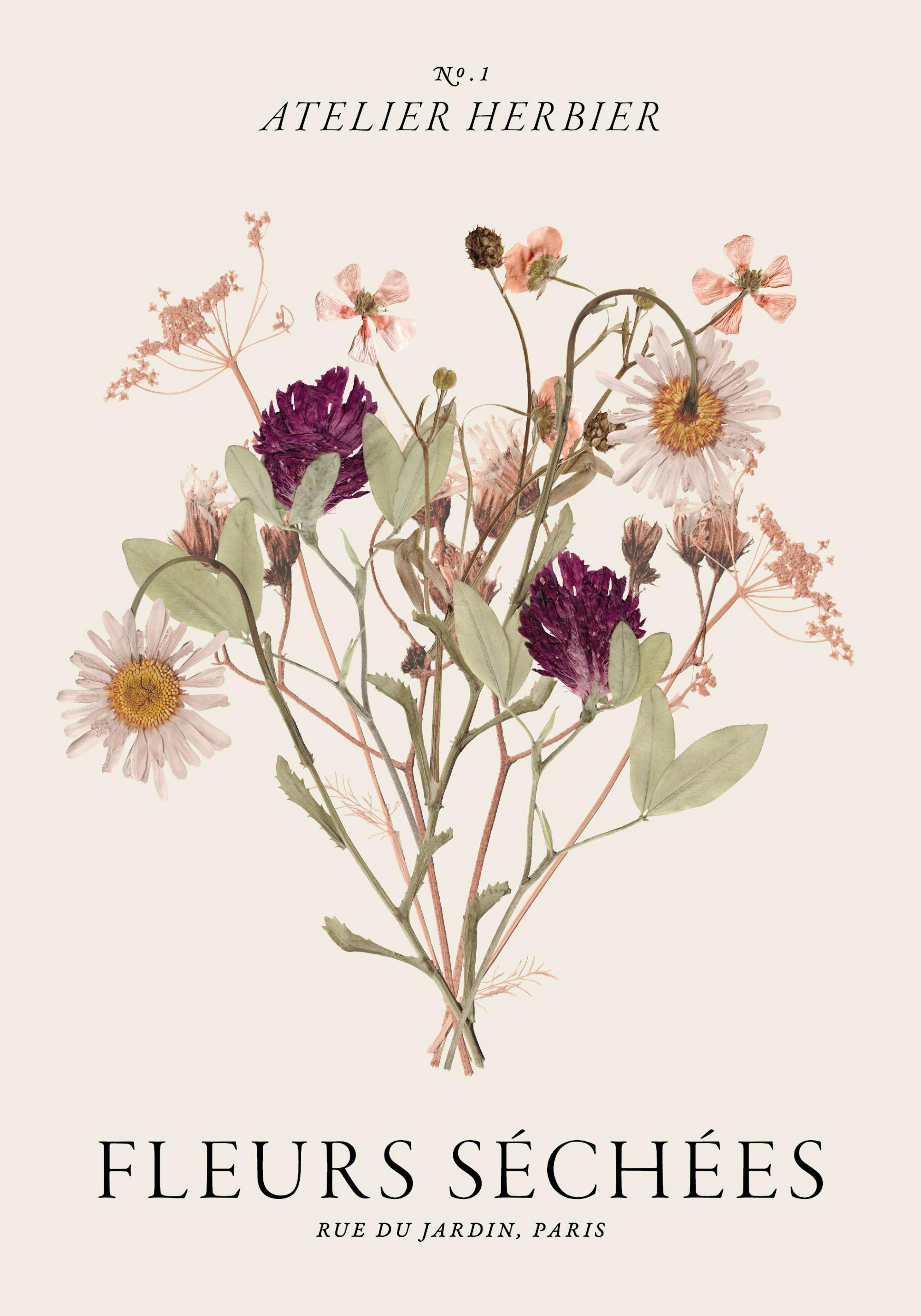 Gemalter Blumenstrauß aus getrockneten Gartenblumen auf hellem Hintergrund, mit Text oben und unten.