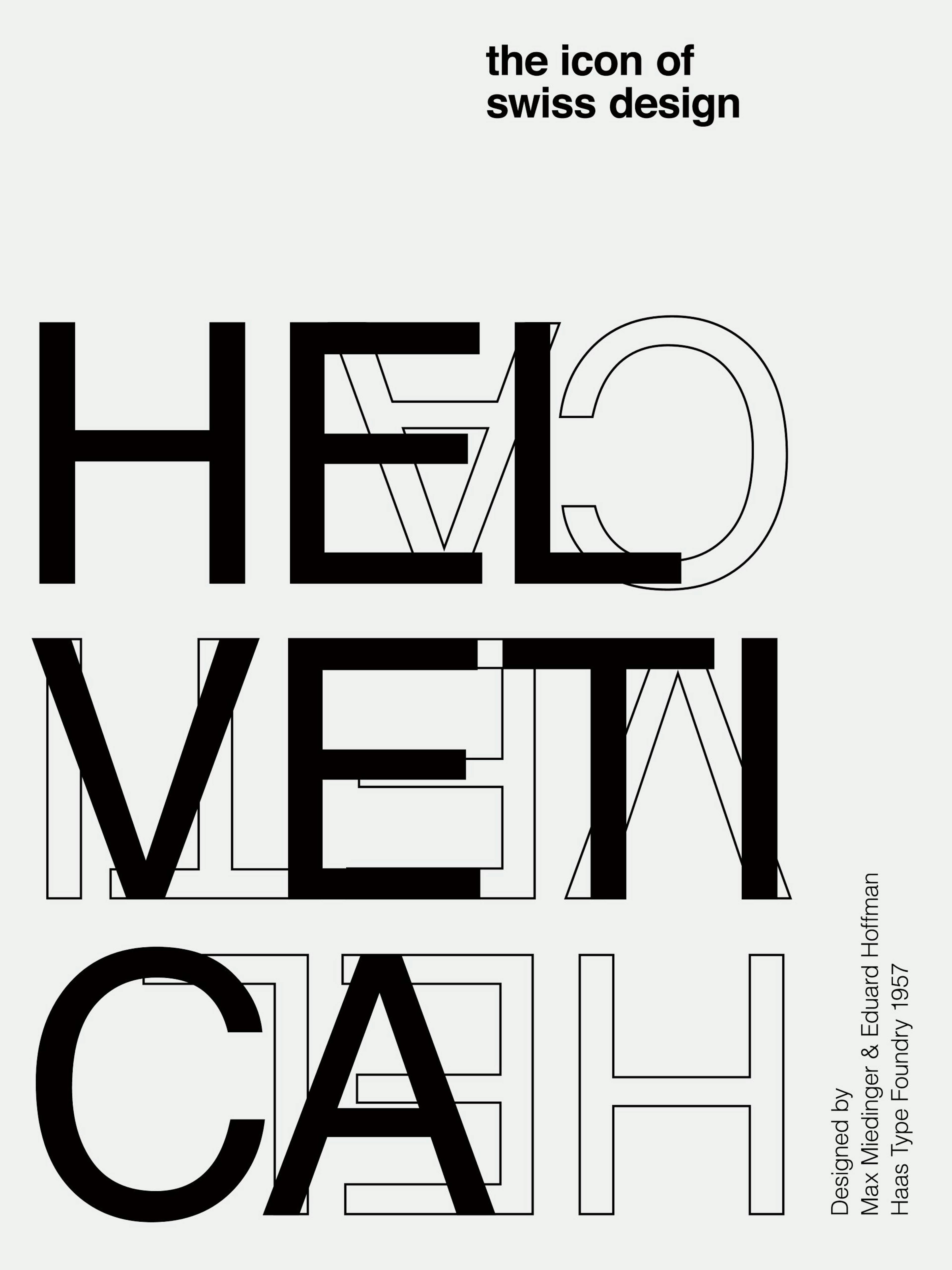 Black and white typography print with the word Helvetica in bold and outlined letters for a graphic poster.