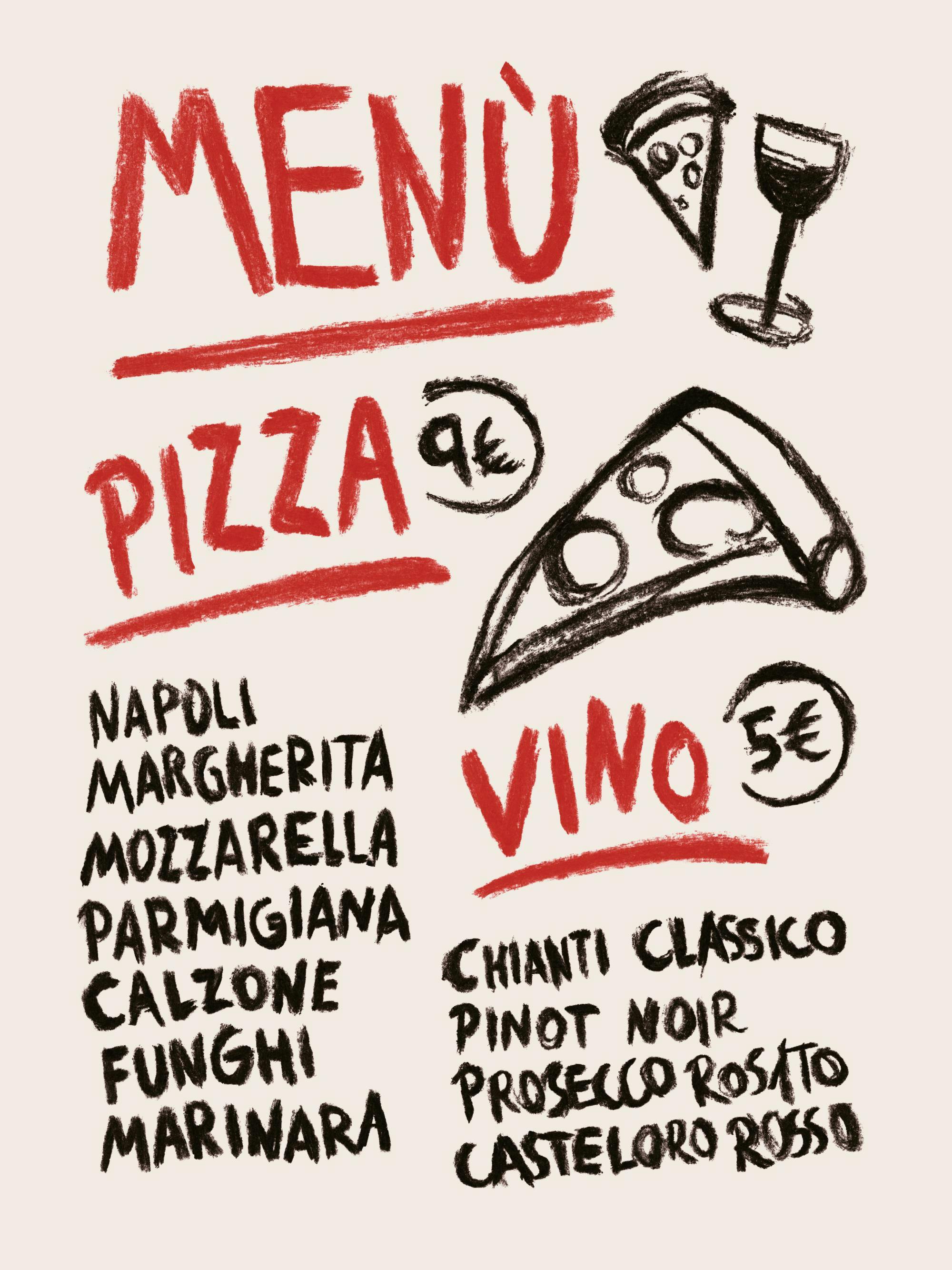 Pizzameny med handritad text i rött och svart på ljus bakgrund. Innehåller illustrationer av pizzaskivor och ett vinglas.