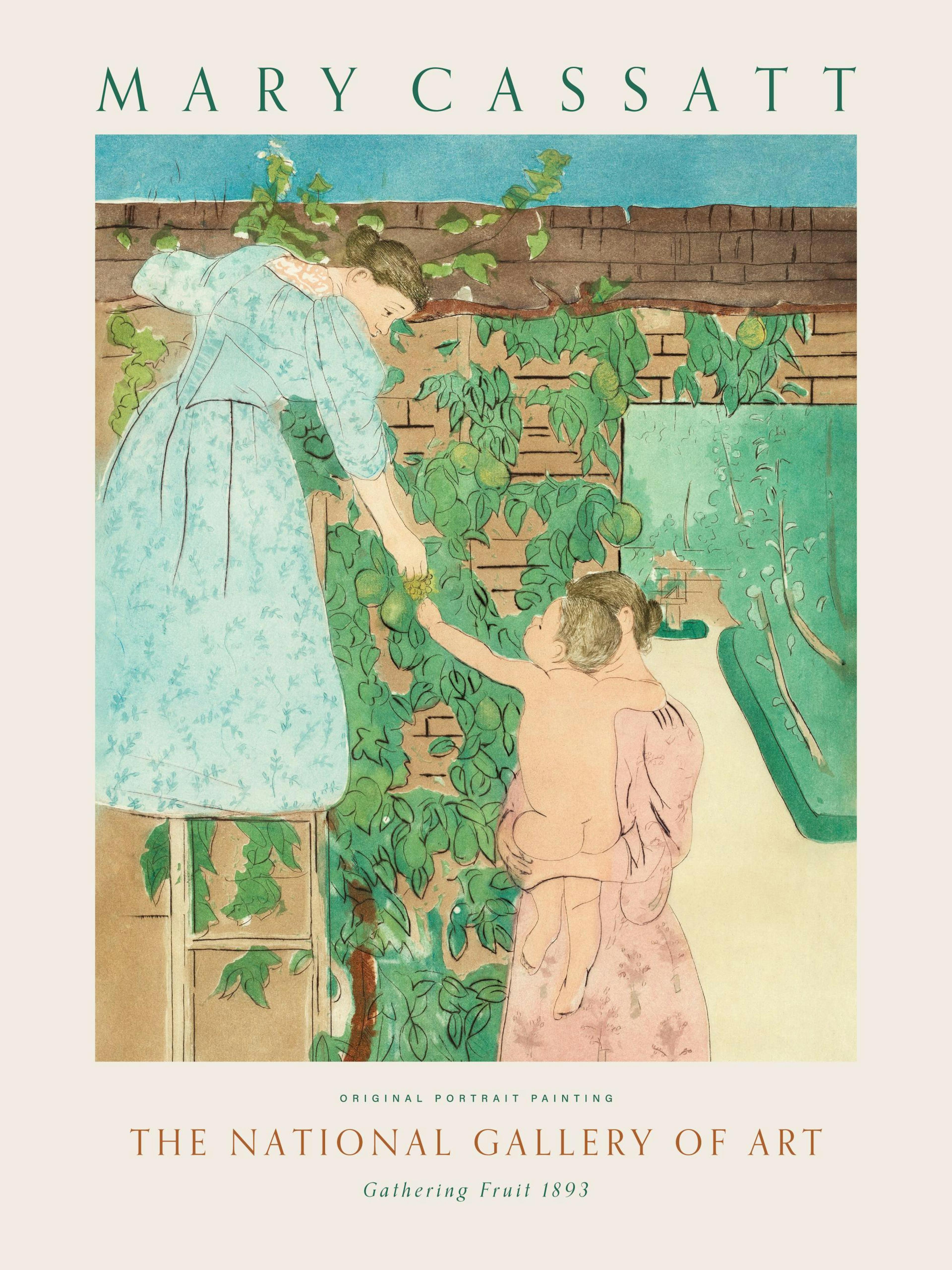Póster de Mary Cassatt, Recogiendo Fruta, mujer de pie sobre una escalera y una mujer con un niño en brazos, rodeadas de vides, 