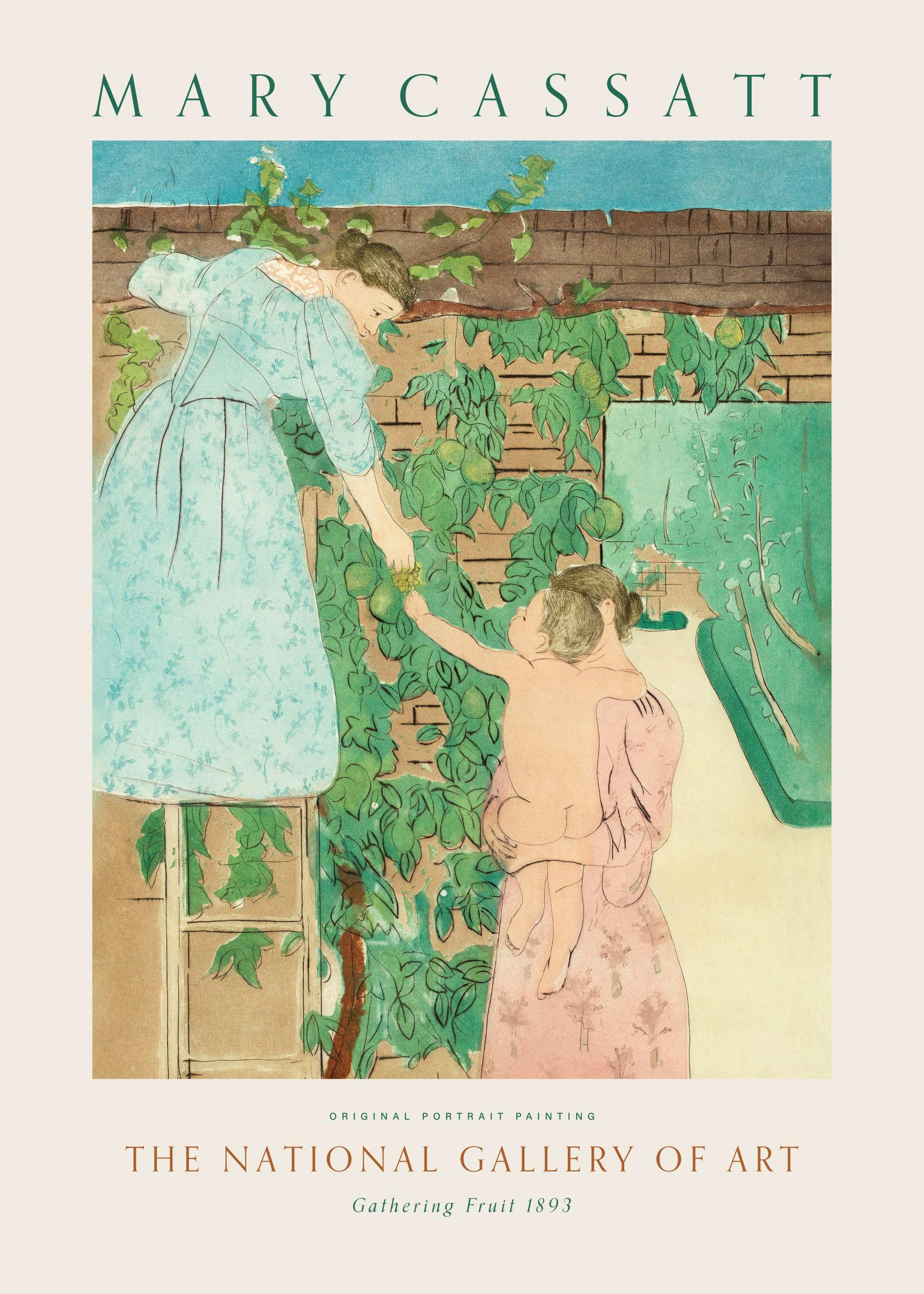 Mary Cassatts Gathering Fruit print, depicting two women and a child collecting fruit in a field.