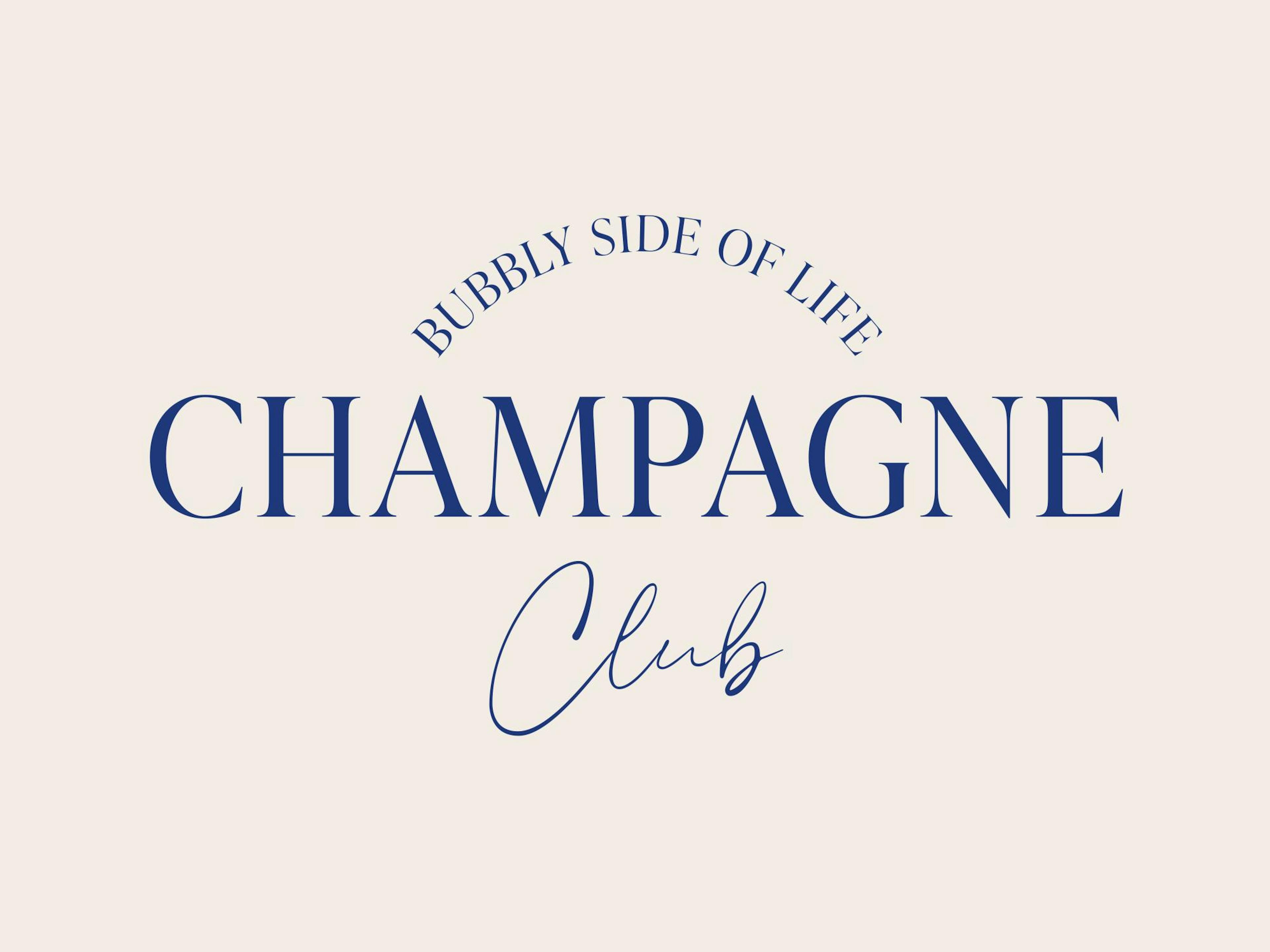 Champagne Club text print on a light beige background, featuring Bubbly Side of Life Champagne Club in blue font.