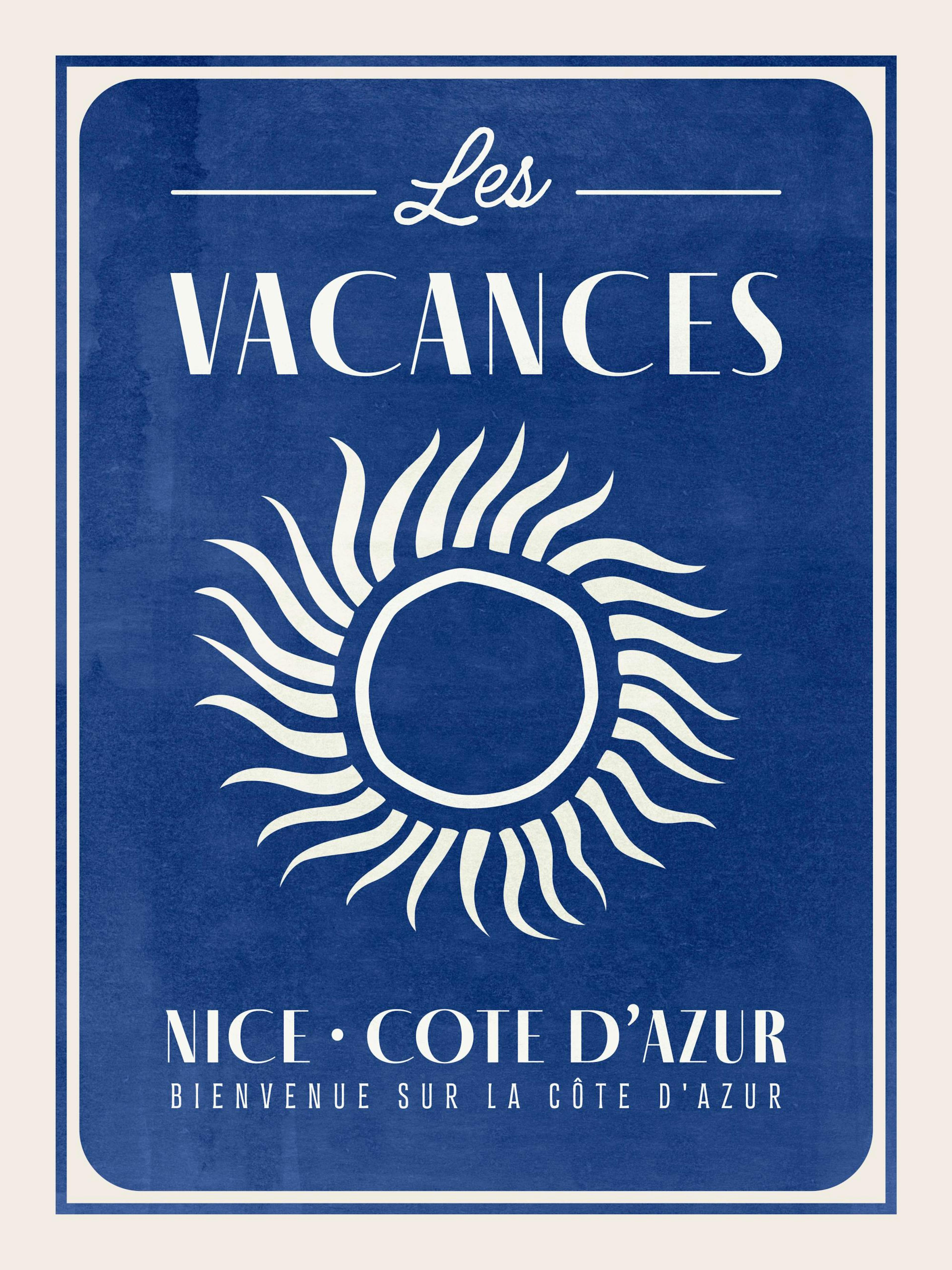 Les Vacances poster print with white sun illustration and text on a dark blue background