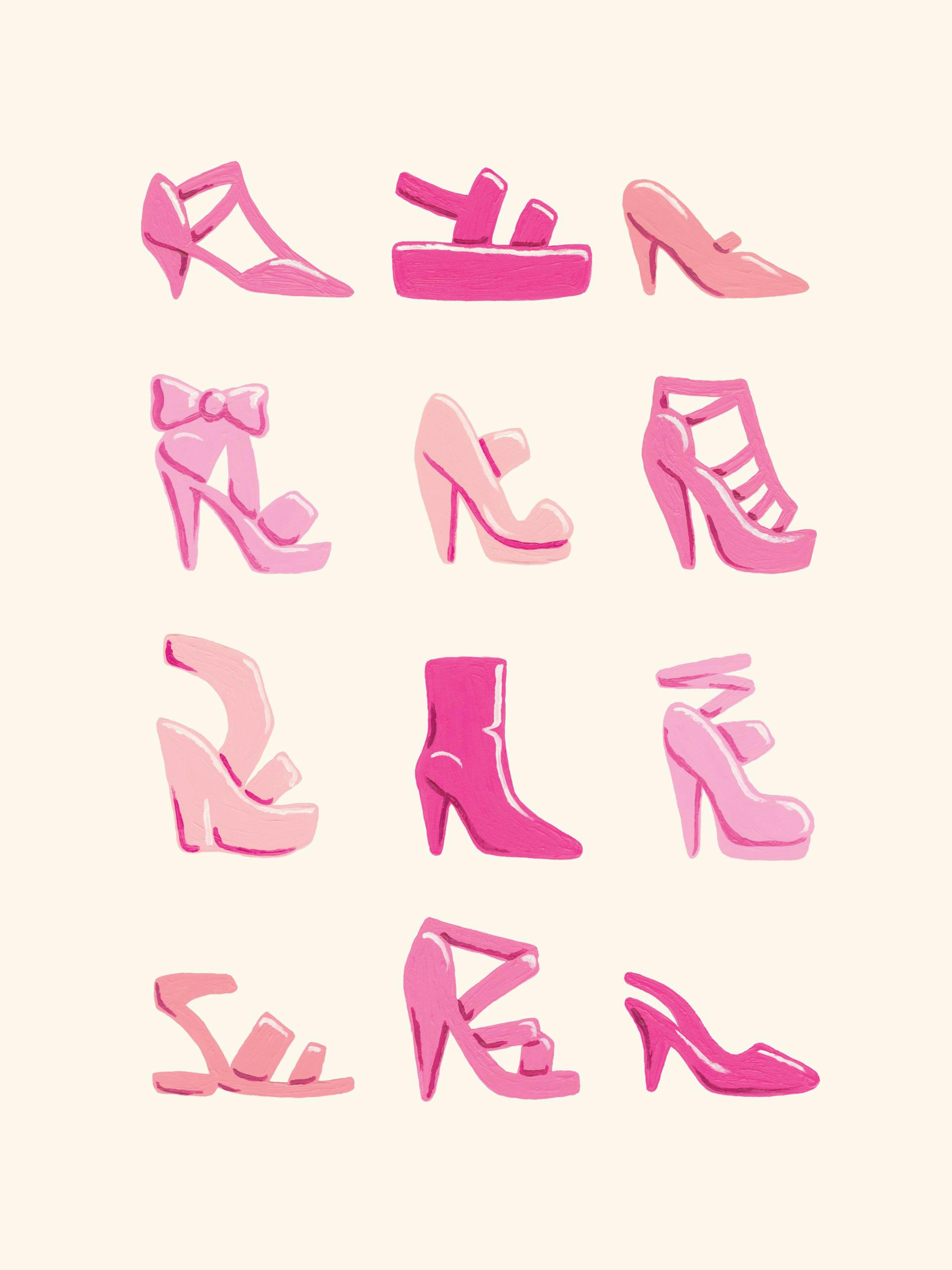 Fashionable pink shoe collection art print, displaying various heels, sandals, and boots in a painterly style.