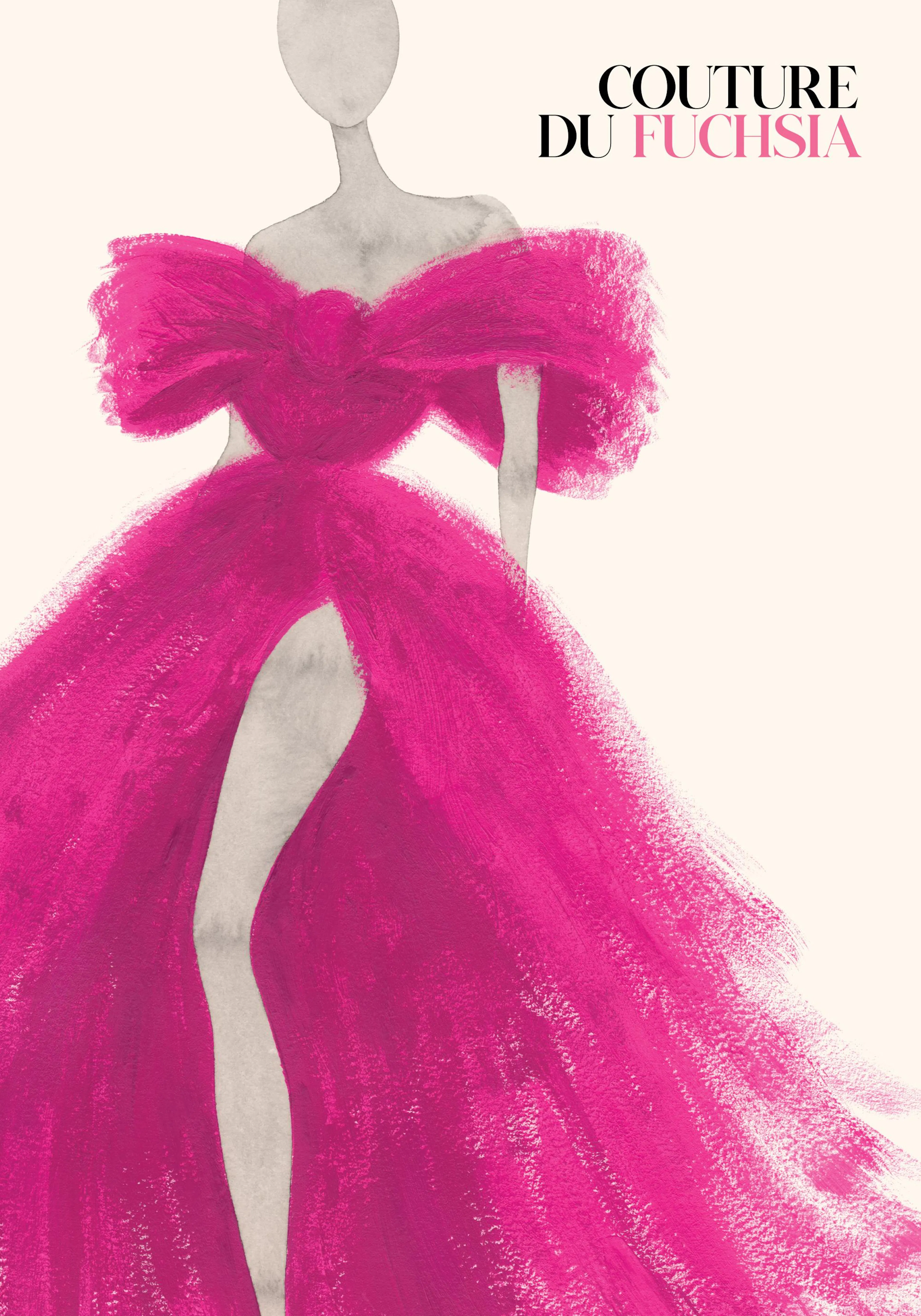 Fashion illustration of a model in a vibrant fuchsia pink gown with a large bow detail and thigh-high slit.