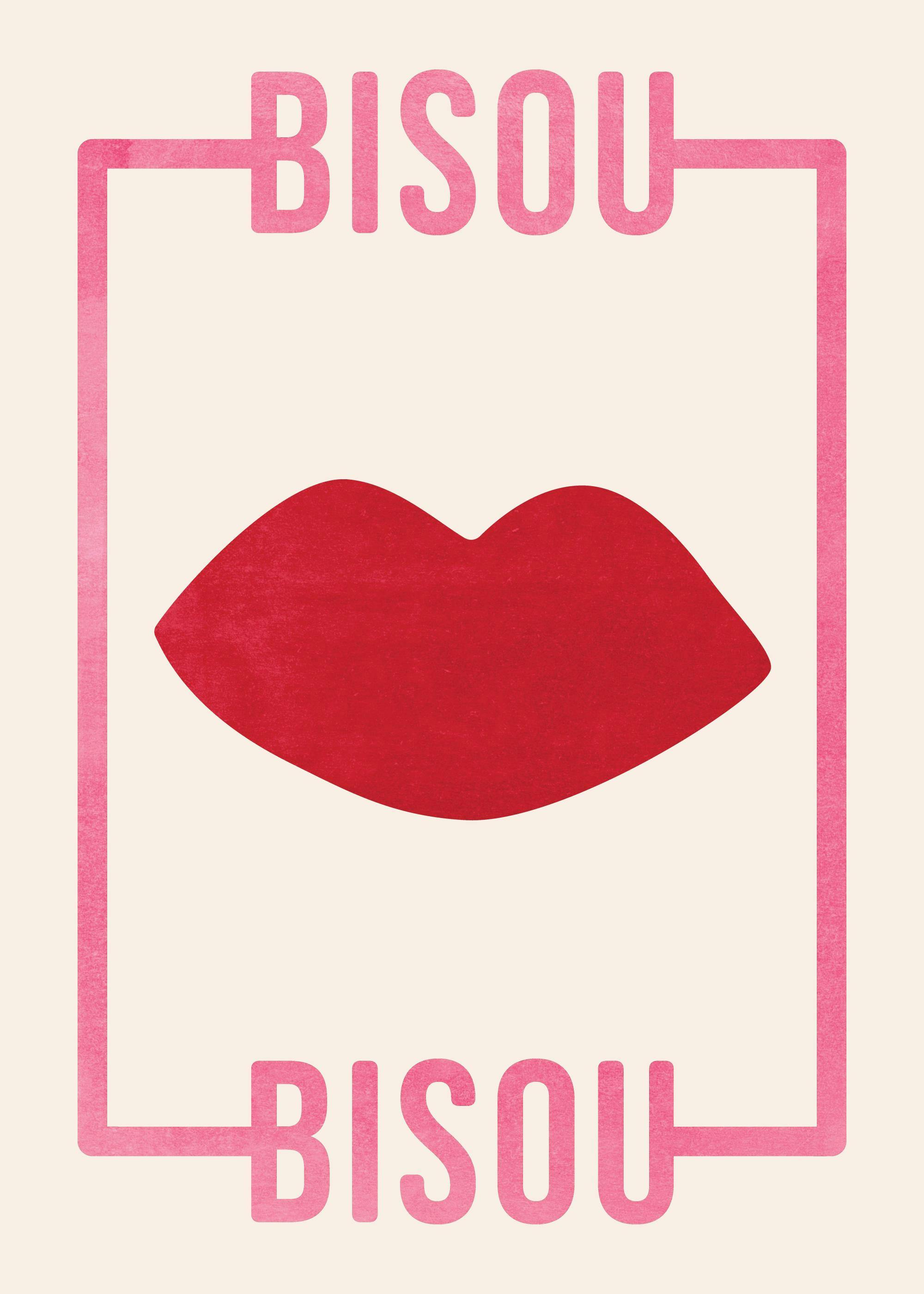 Bisou Bisou poster featuring red lips framed by pink text on a light background with visible texture.