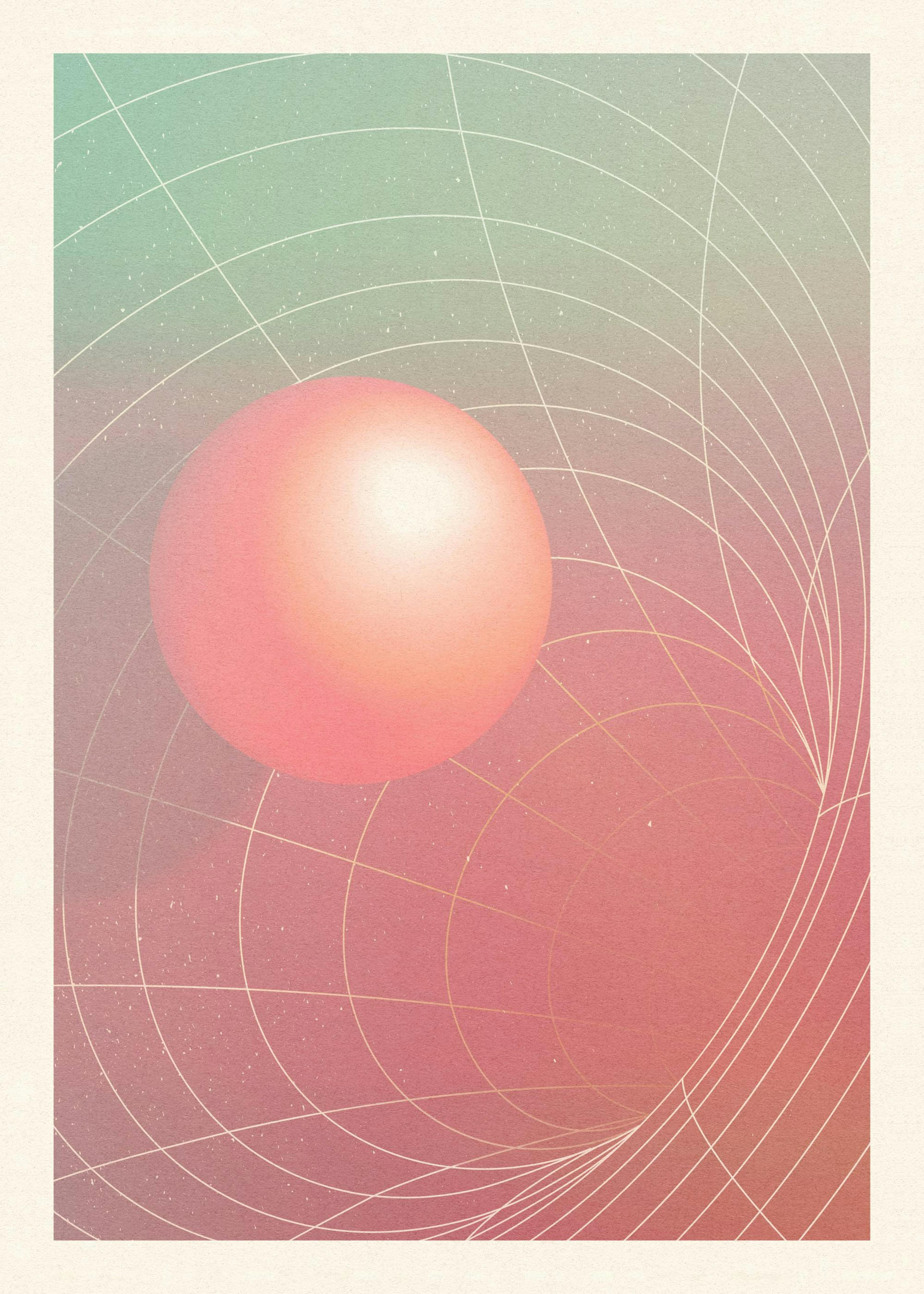 Póster de esfera futurista: burbuja abstracta rosa en un túnel de cuadrícula verde y rosa, con patrón moderno.