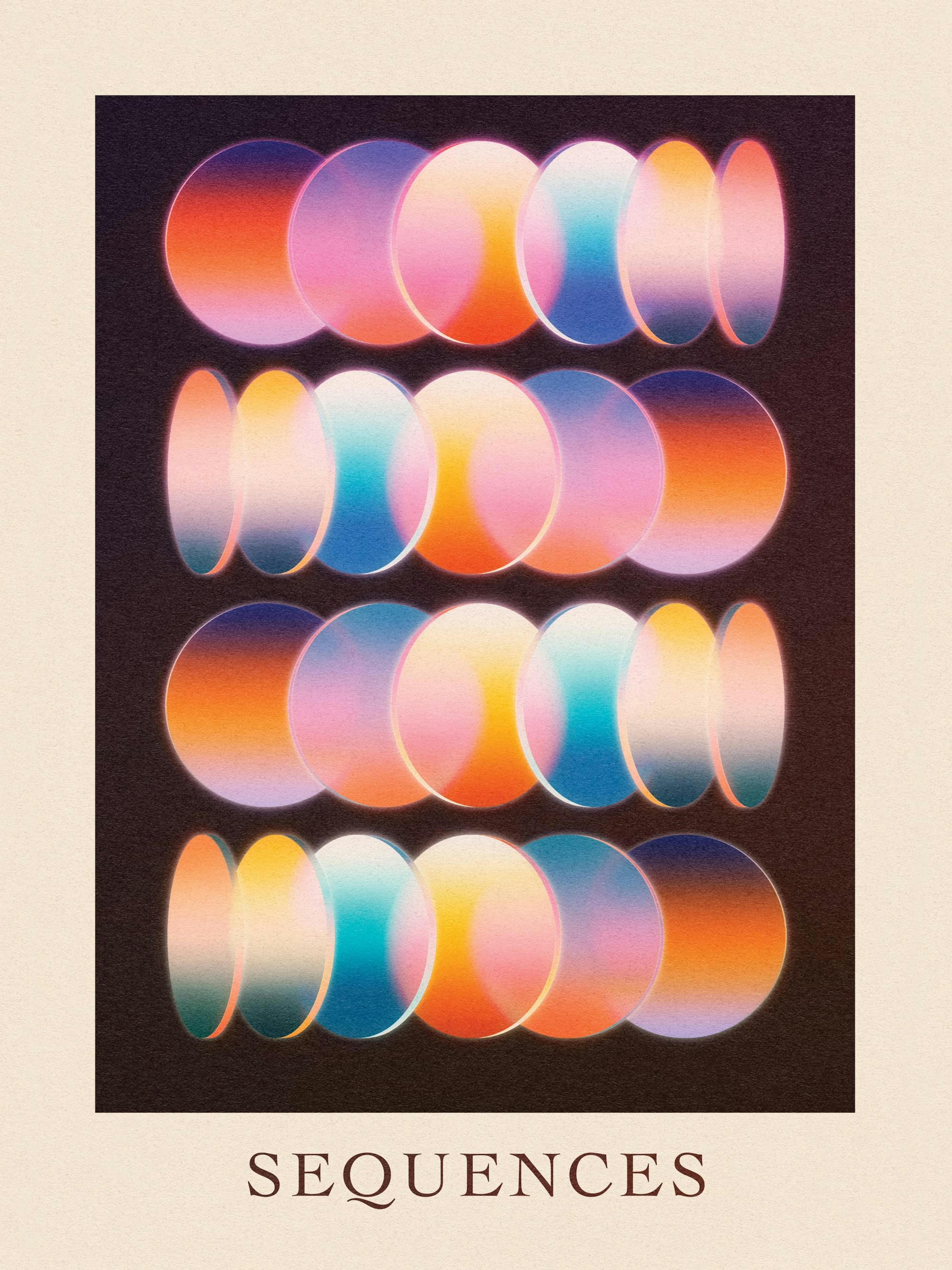 Affiche avec des rangées de cercles abstraits aux couleurs vives et dégradées sur fond sombre, texte Sequences en bas