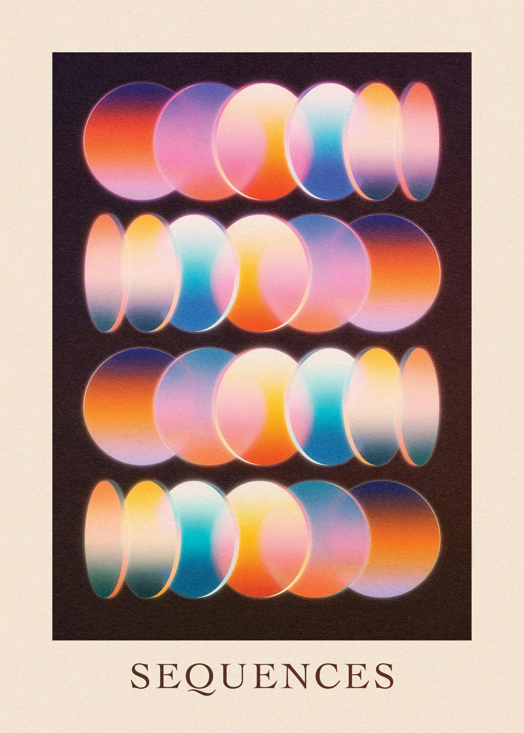 Affiche futuriste avec des rangées de cercles abstraits aux couleurs vives sur un fond sombre, typographie Sequences.