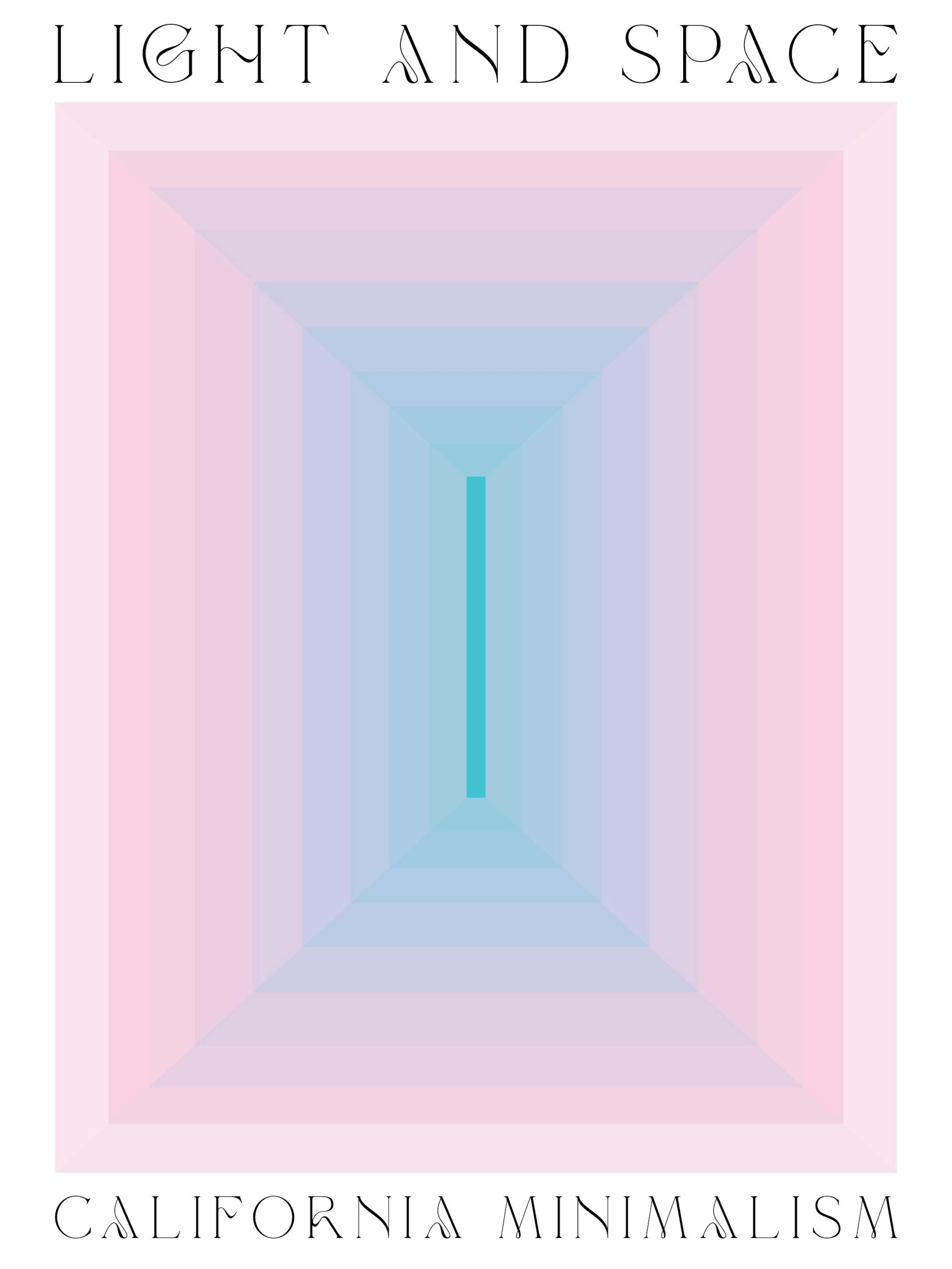 Póster abstracto de luz y espacio con efecto túnel en degradado rosa y azul, con texto en la parte superior e inferior.