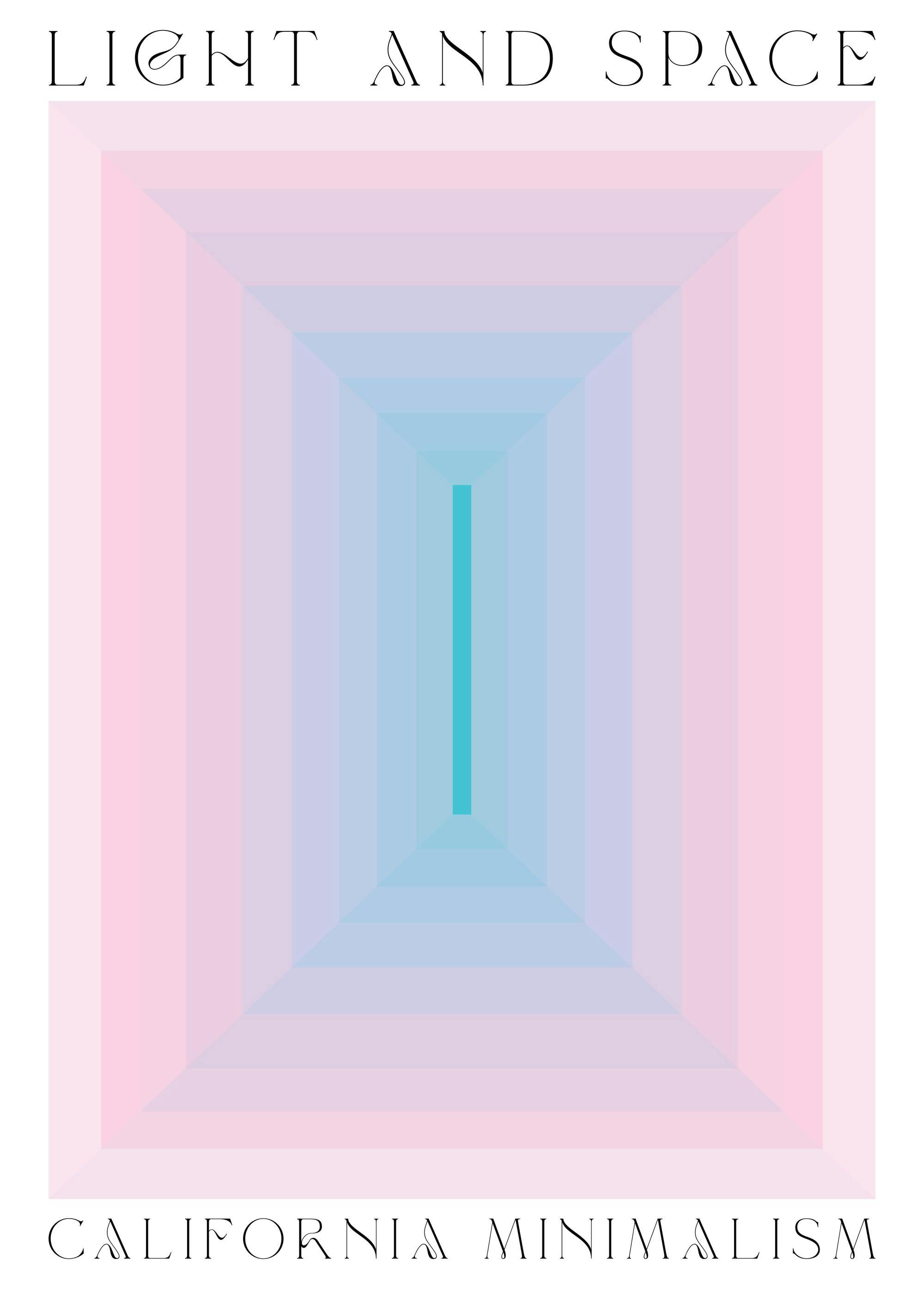 Póster abstracto de luz y espacio con efecto túnel en degradado rosa y azul, con texto en la parte superior e inferior.