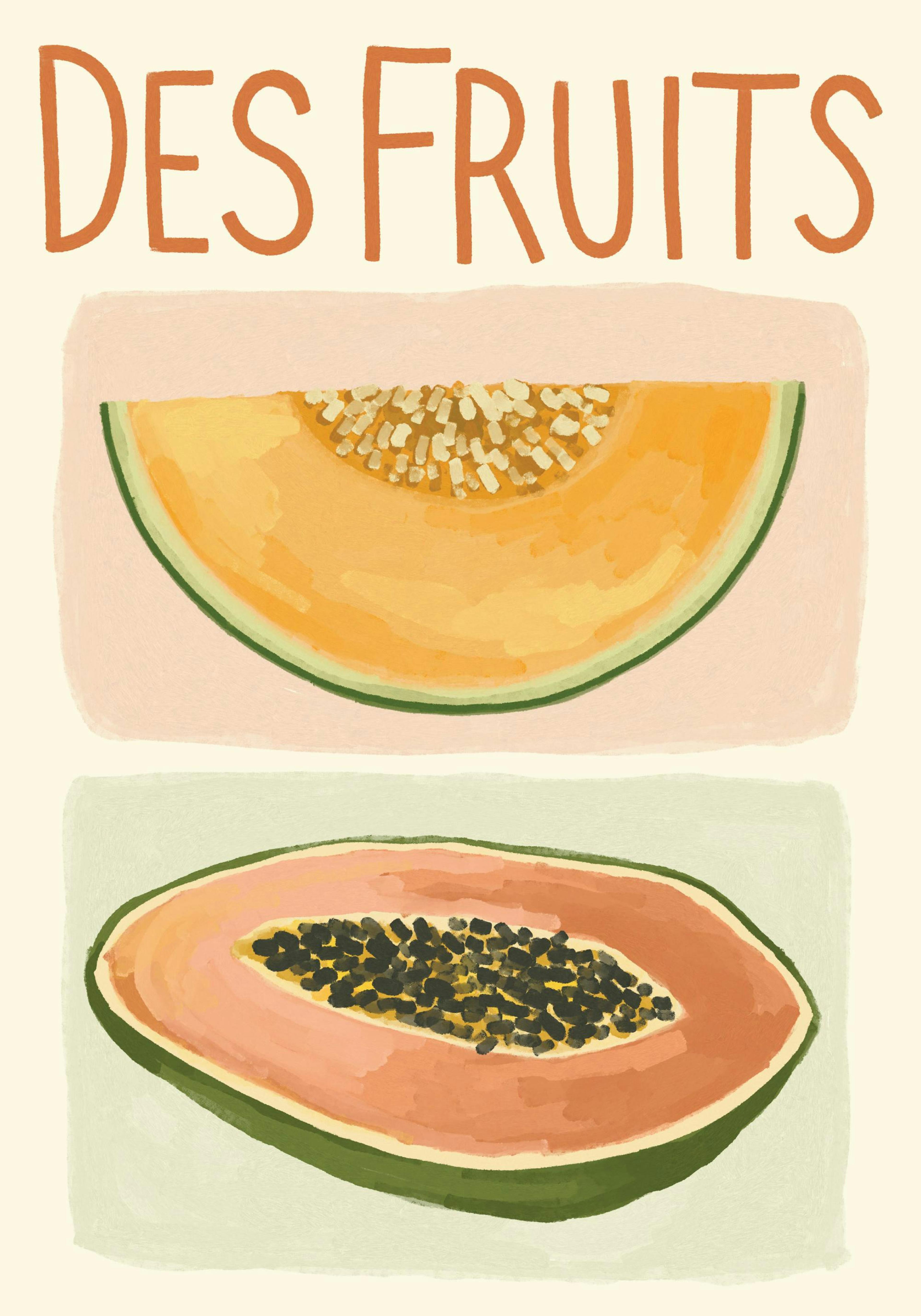 Poster med illustration av melon och papaya med texten DES FRUITS i rött. Fruktkonst för köket.