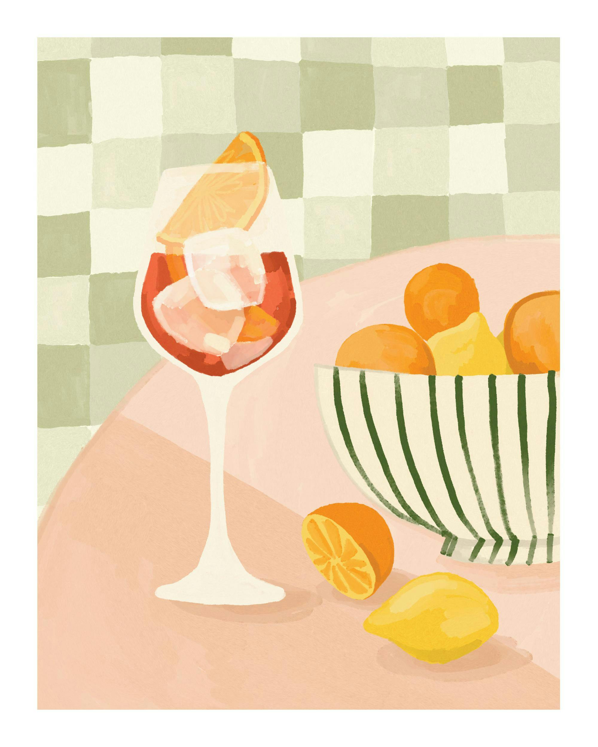 Affiche dune boisson estivale avec agrumes et glaçons, sur fond à carreaux verts et table rose