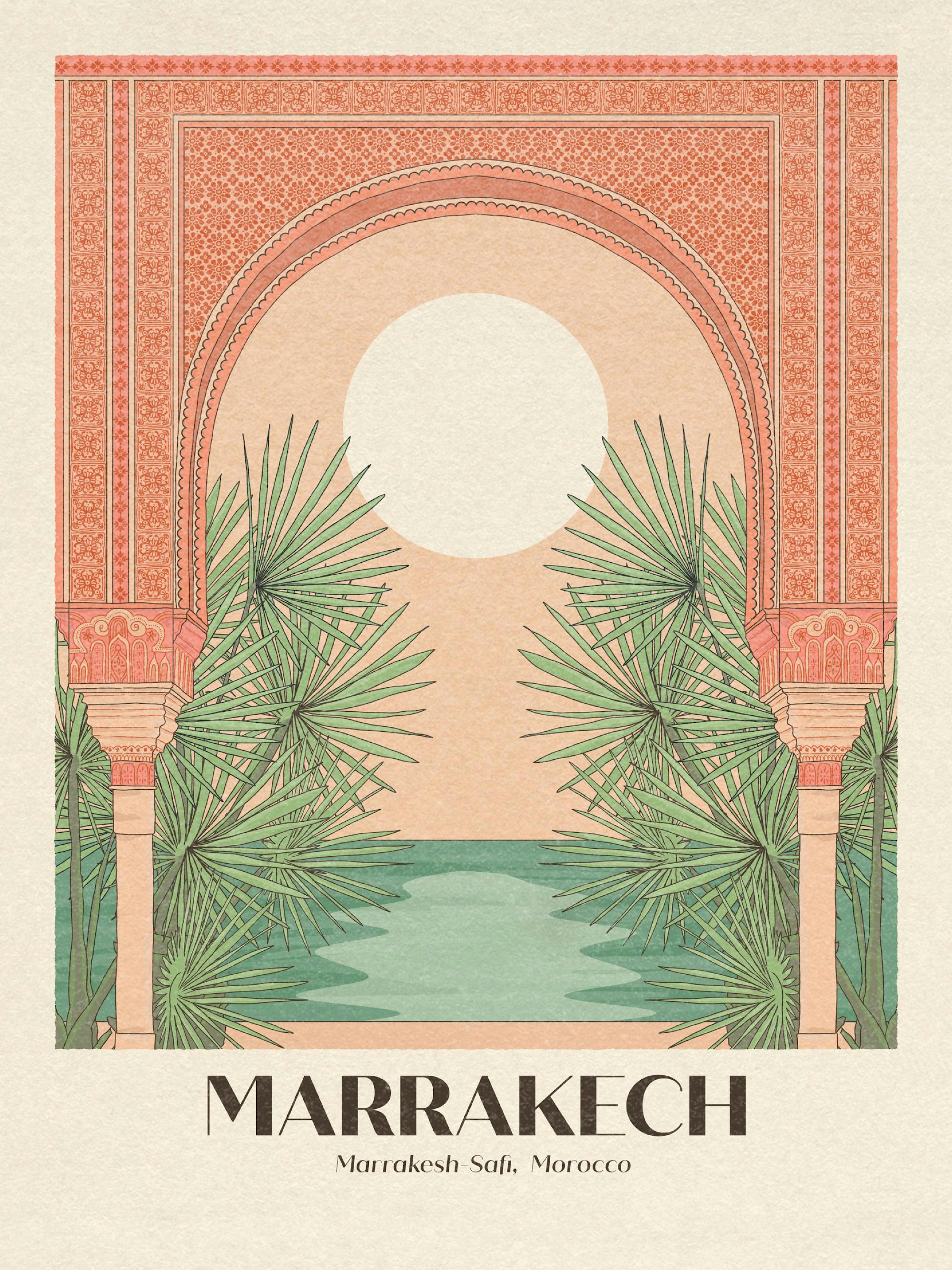 Illustration av en marockansk båge med palmblad och vatten i förgrunden, som skapar en exotisk och avkopplande känsla.