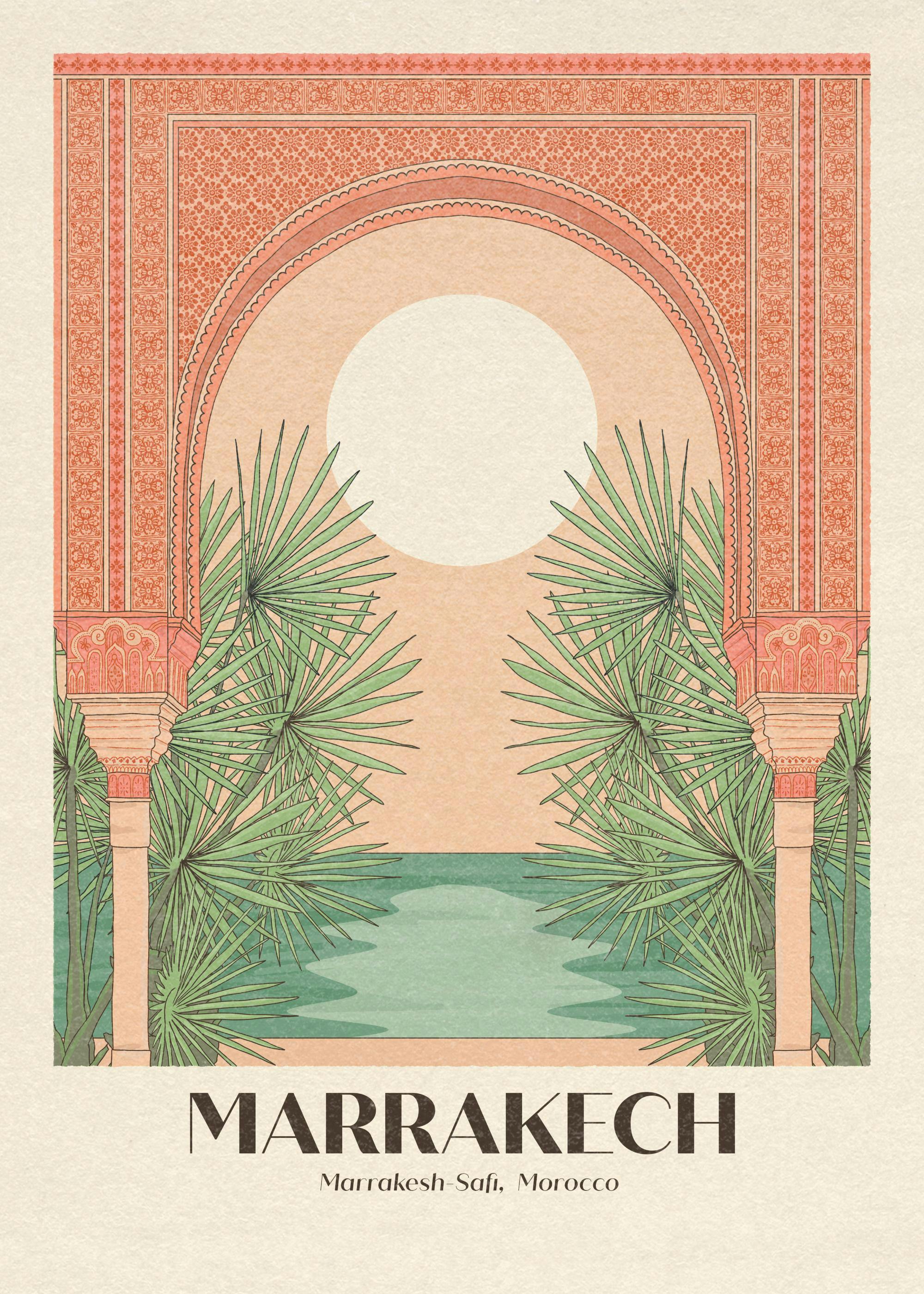 Marrakech print with an ornate arch, palm leaves, and water, perfect as a poster.