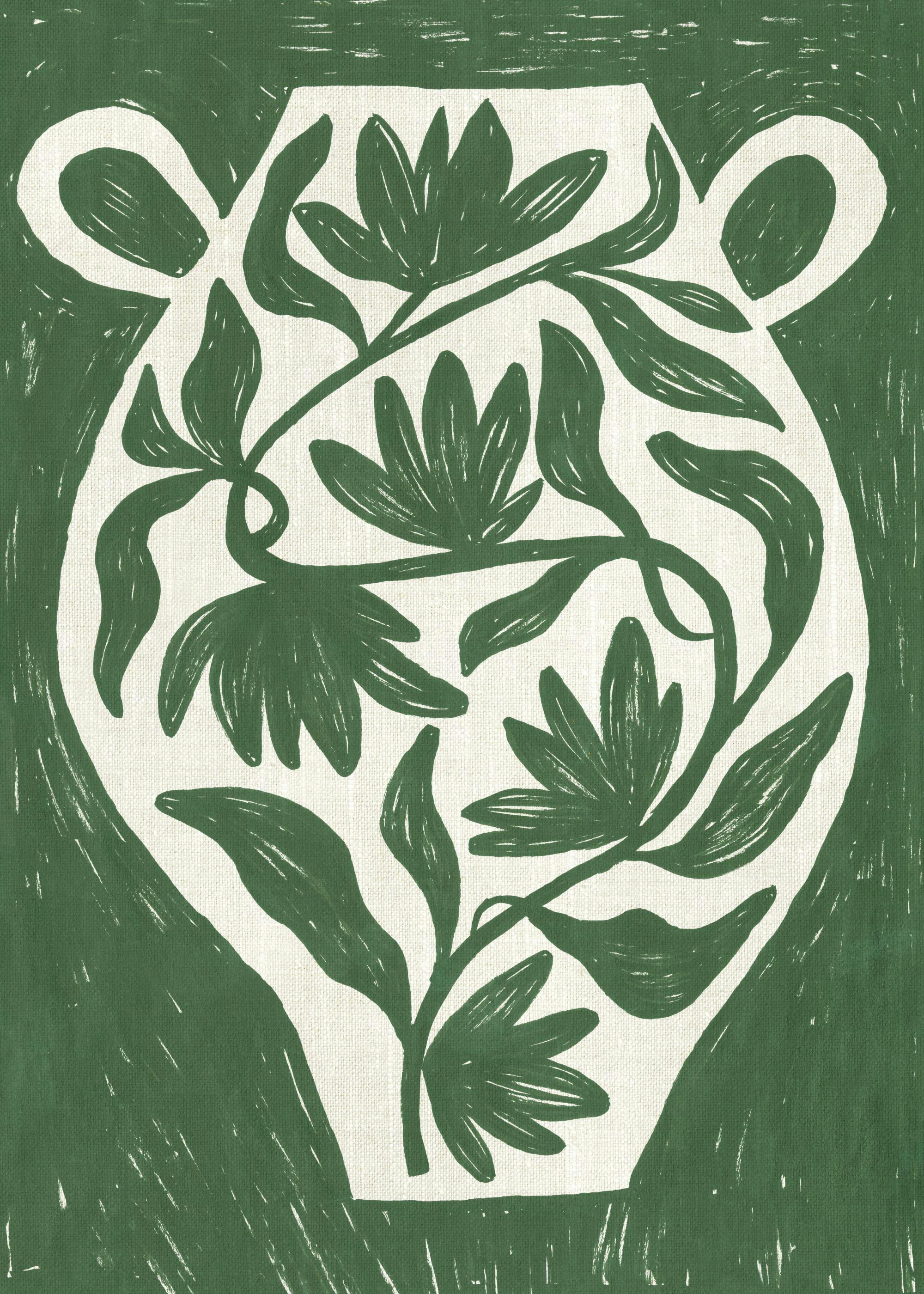 Póster de vaso botânico verde com padrão floral, fundo verde texturizado