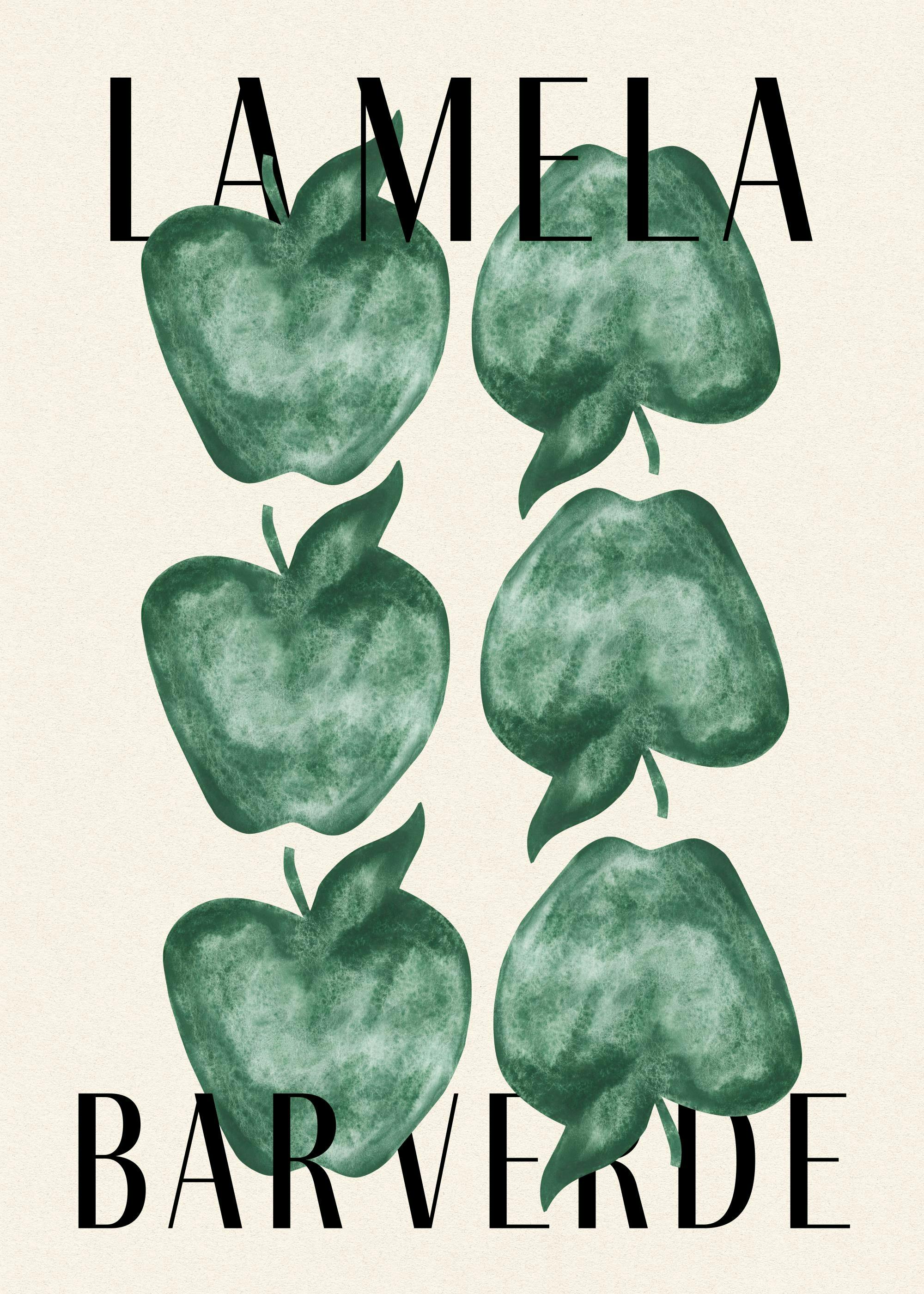 Αφίσα ακουαρέλας με πράσινα μήλα και κείμενο La Mela Bar Verde, ιδανική για κουζίνα