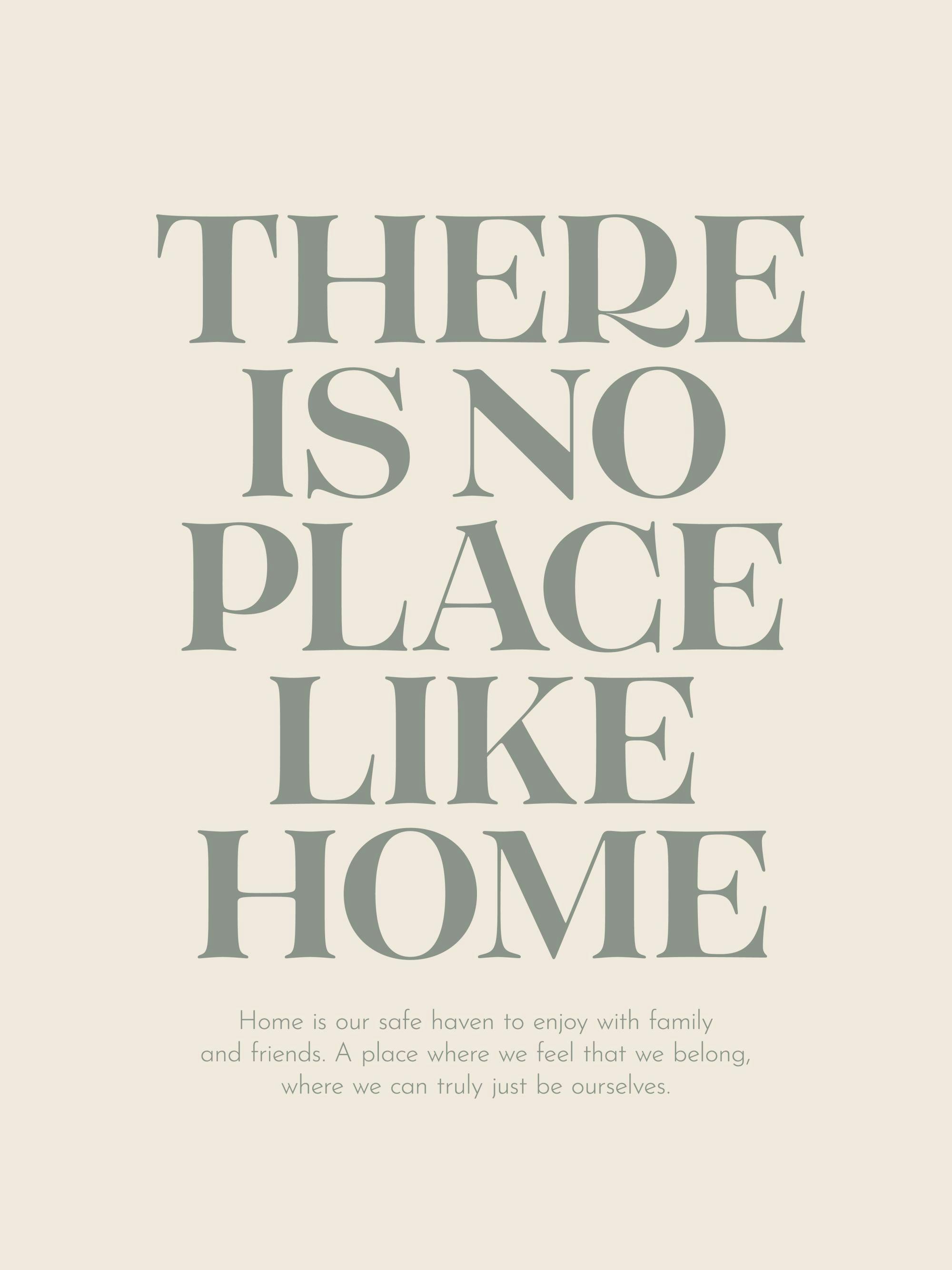 Affiche typographie avec le texte There is no place like home en vert sur fond beige