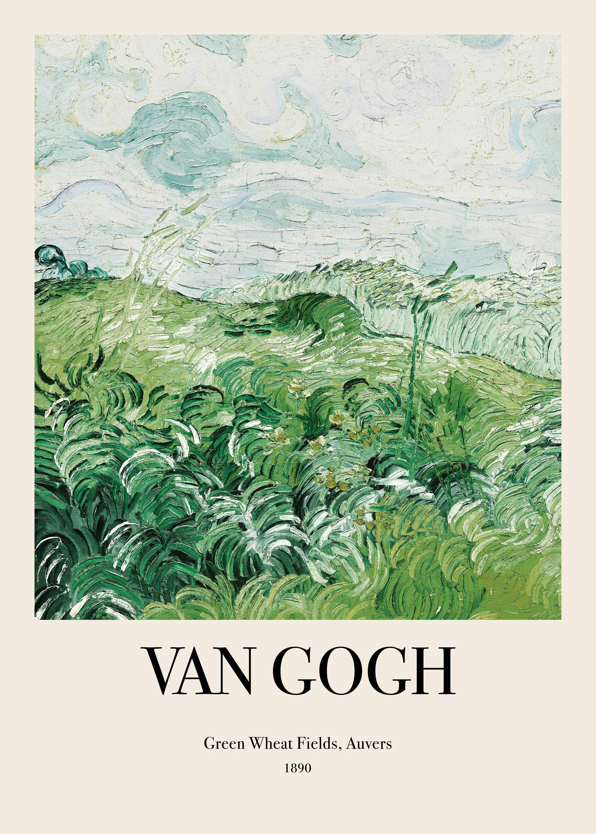 Affiche de Van Gogh: champ de blé vert texturé sous un ciel nuageux, style impressionniste.