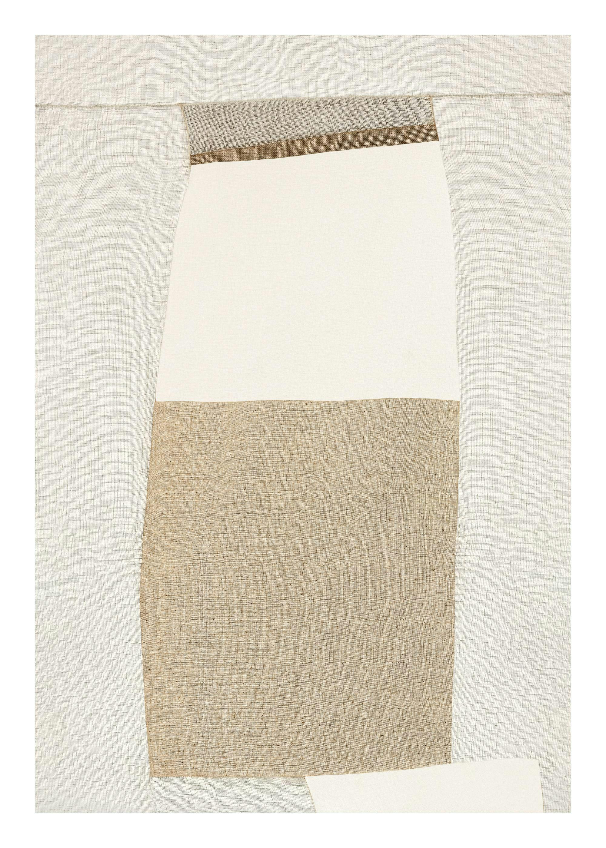 Textile patchwork art in beige and off-white hues with varying fabric textures. Minimalist illustration poster print.