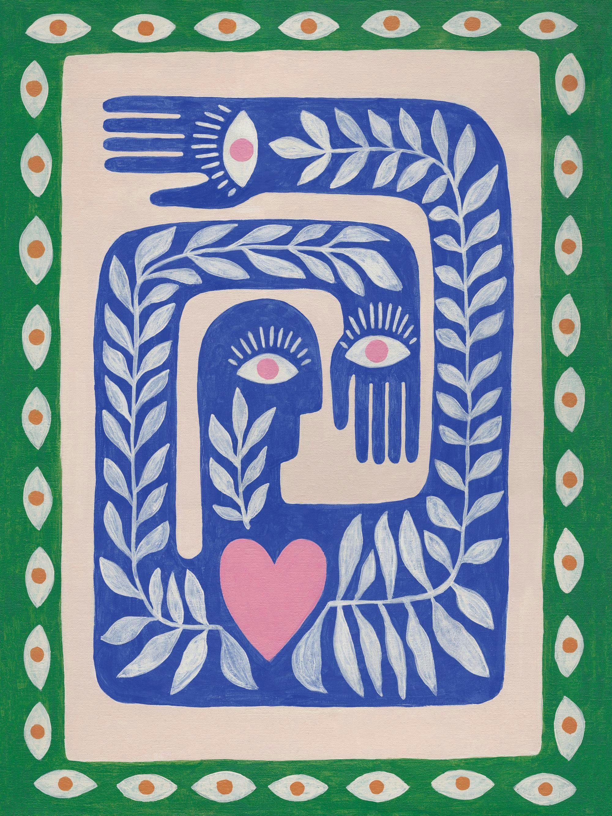 Handmålad illustration i blått, beige, grönt med händer, ögon och blad. Modern design med textilstruktur.