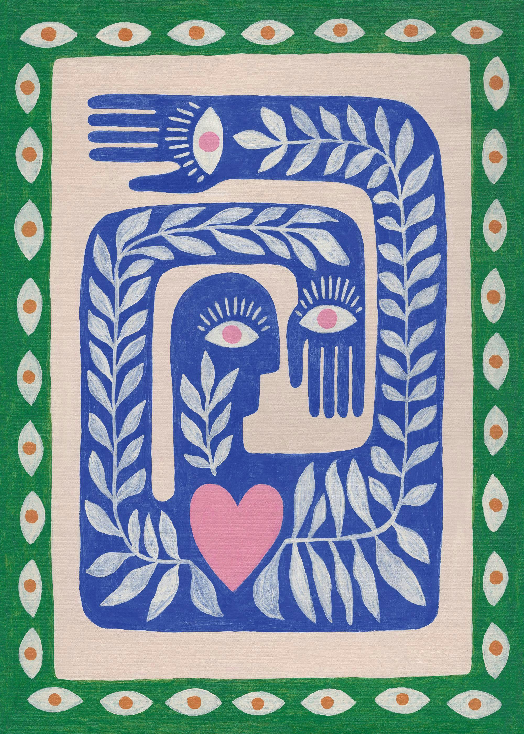 Handpainted illustration with blue figures, hands, and eyes intertwined with white leaves, pink heart, and green border.