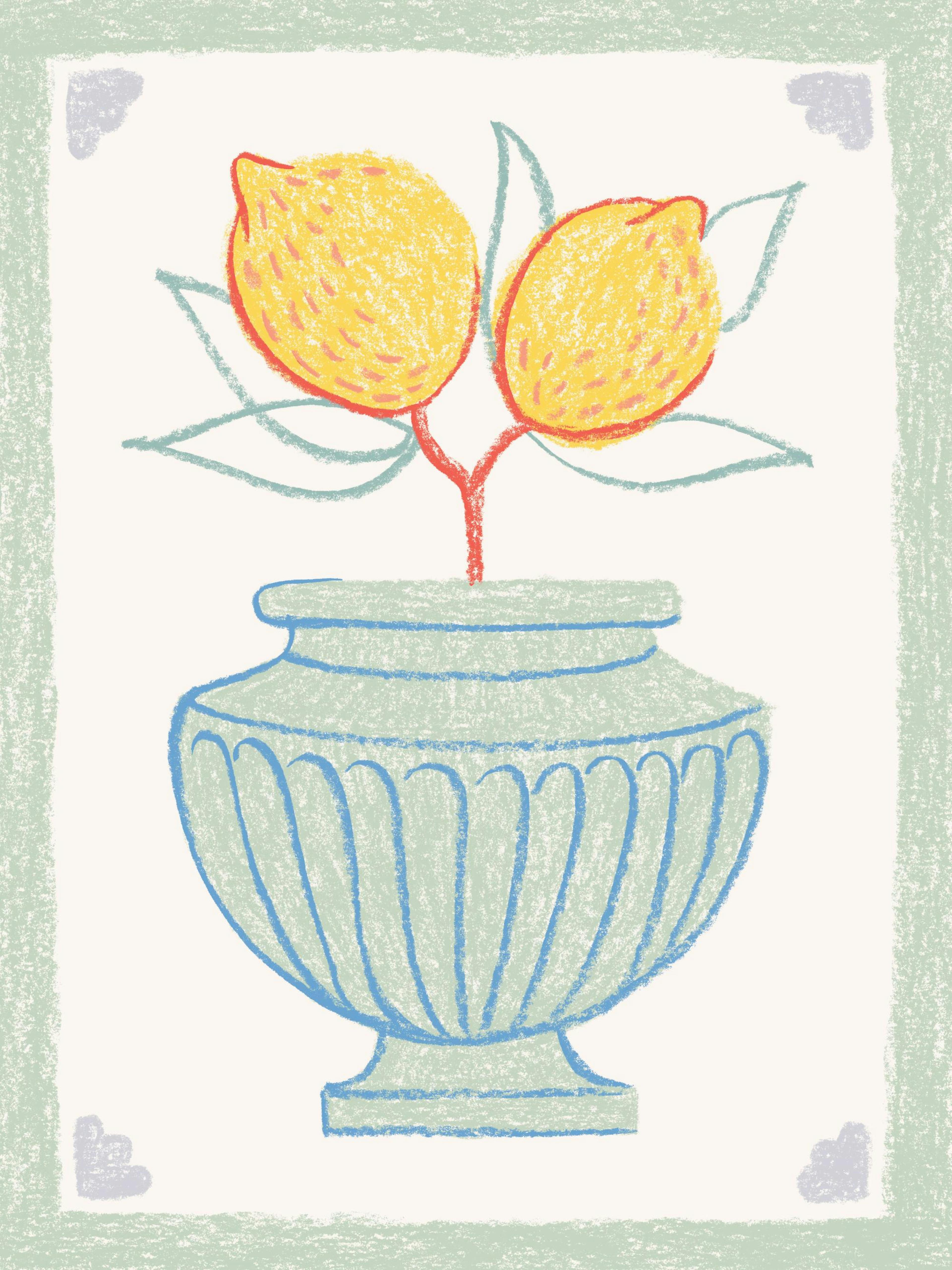Póster de jarrón de cítricos con limones amarillos y hojas verdes en un jarrón azul claro, ilustración pintada a mano.