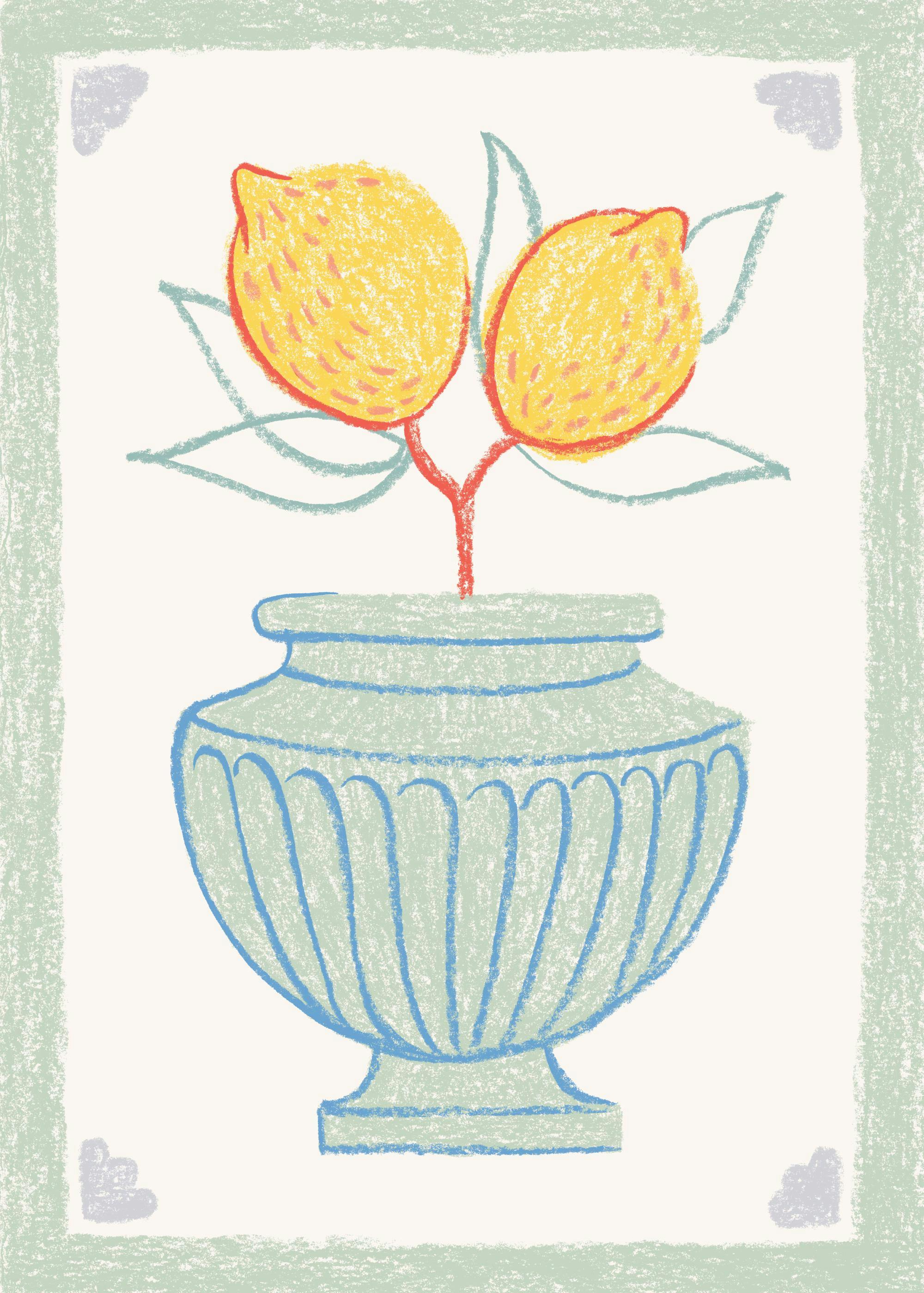 Póster de jarrón de cítricos con limones amarillos y hojas verdes en un jarrón azul claro, ilustración pintada a mano.